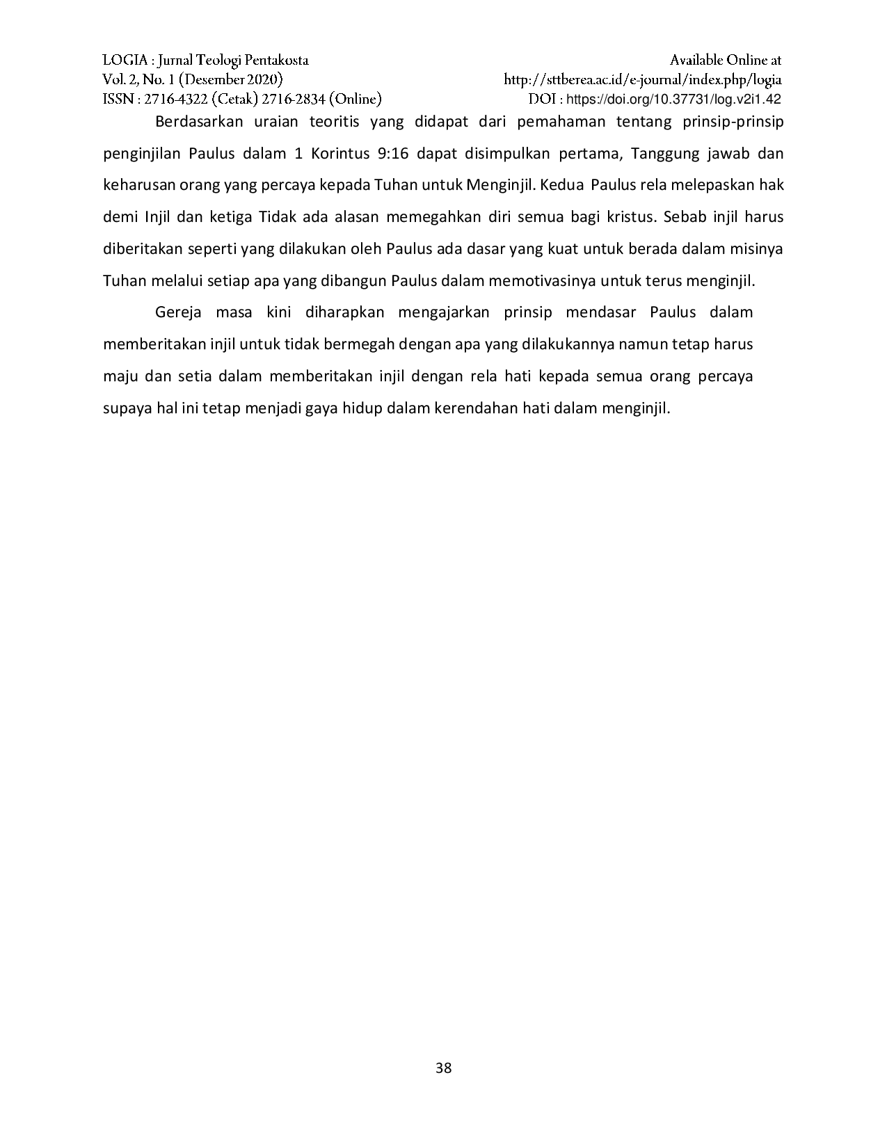 JURIS Studi Teologis Prinsip Penginjilan Paulus dalam 1 Korintus 9 16
