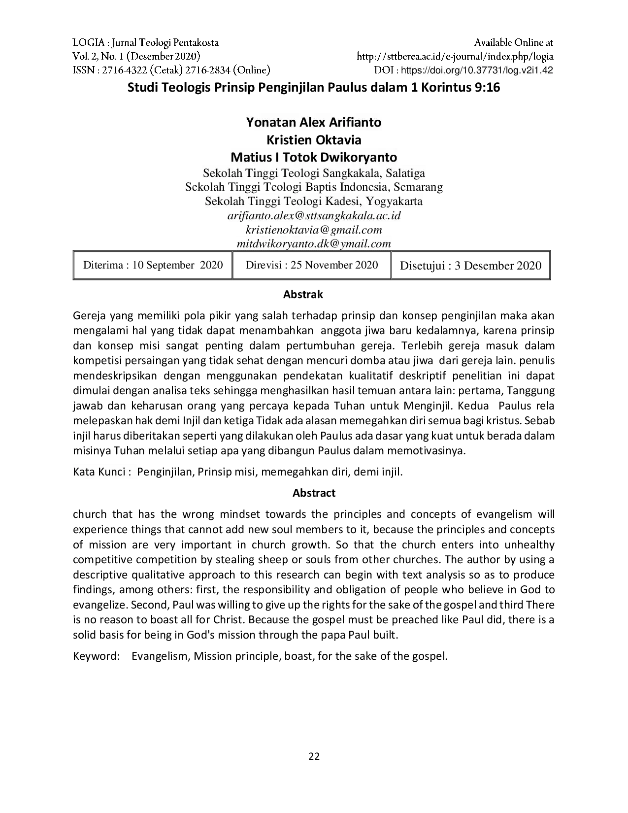 JURIS Studi Teologis Prinsip Penginjilan Paulus dalam 1 Korintus 9 16