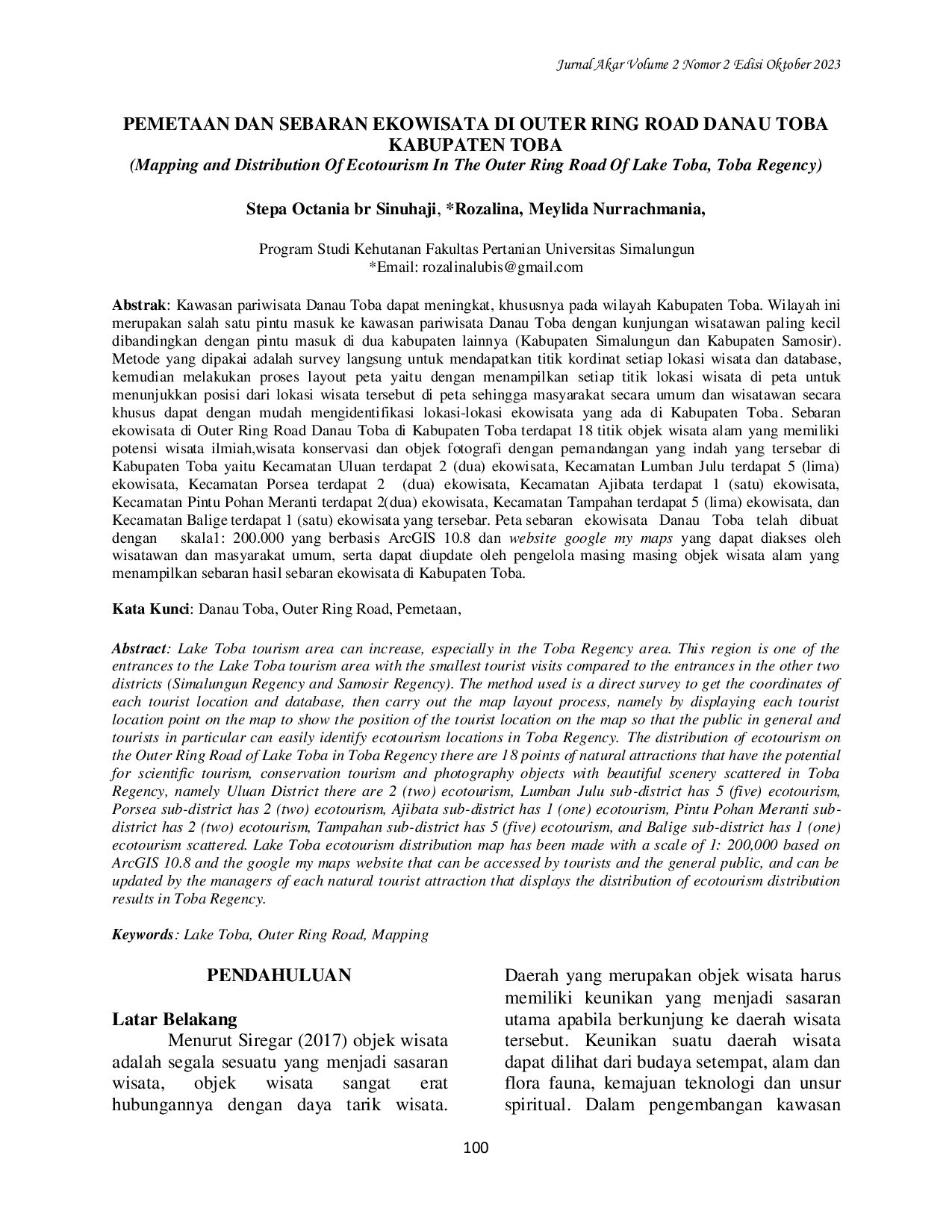 JURIS Pemetaan dan Sebaran Ekowisata di Outer Ring Road Danau Toba Kabupaten Toba