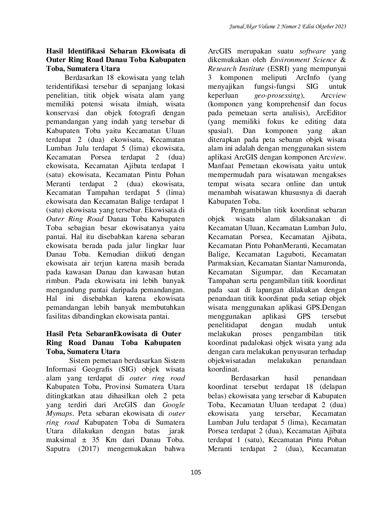 JURIS Pemetaan dan Sebaran Ekowisata di Outer Ring Road Danau Toba Kabupaten Toba