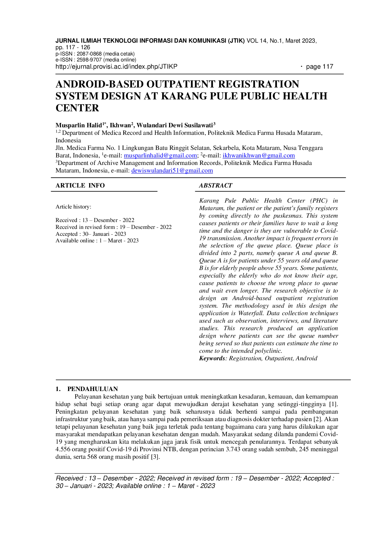 JURIS ANDROID BASED OUTPATIENT REGISTRATION SYSTEM DESIGN AT KARANG PULE PUBLIC HEALTH CENTER