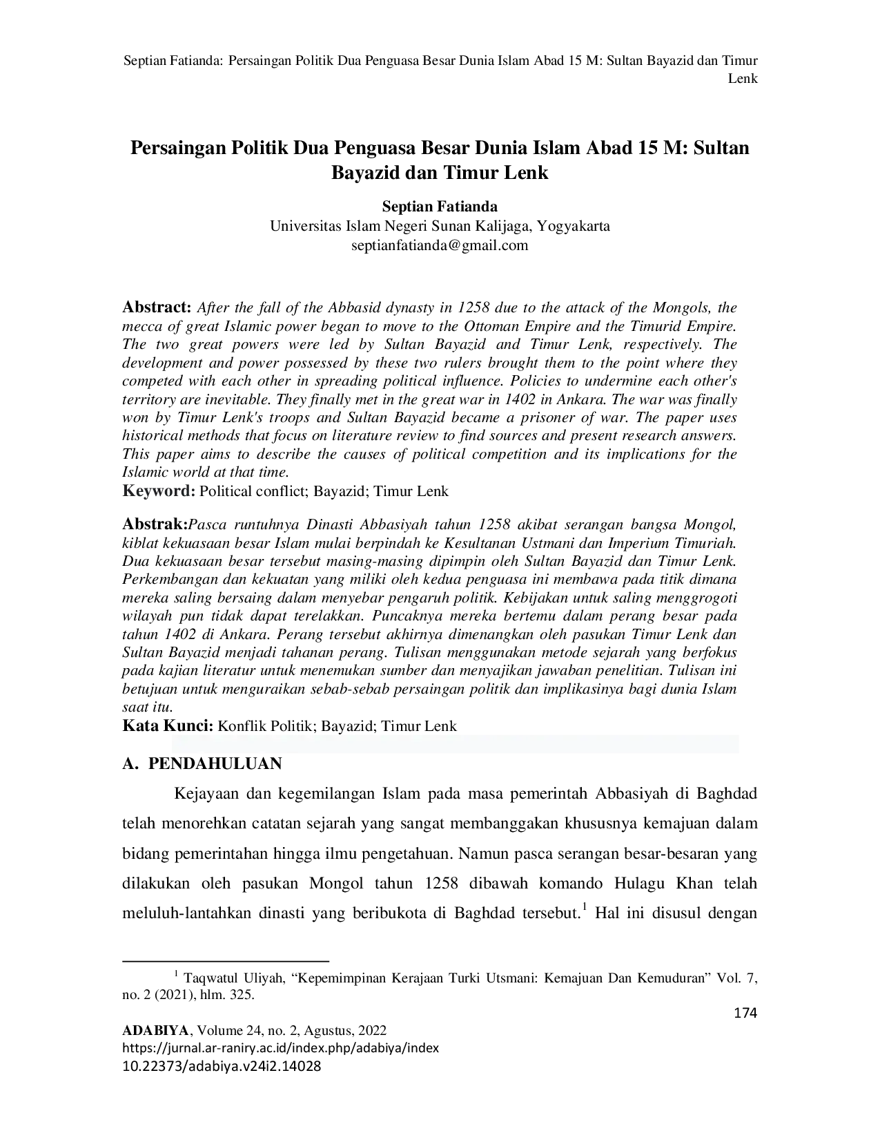 JURIS Persaingan Politik Dua Penguasa Besar Dunia Islam Abad 15 M Sultan Bayazid dan Timur Lenk
