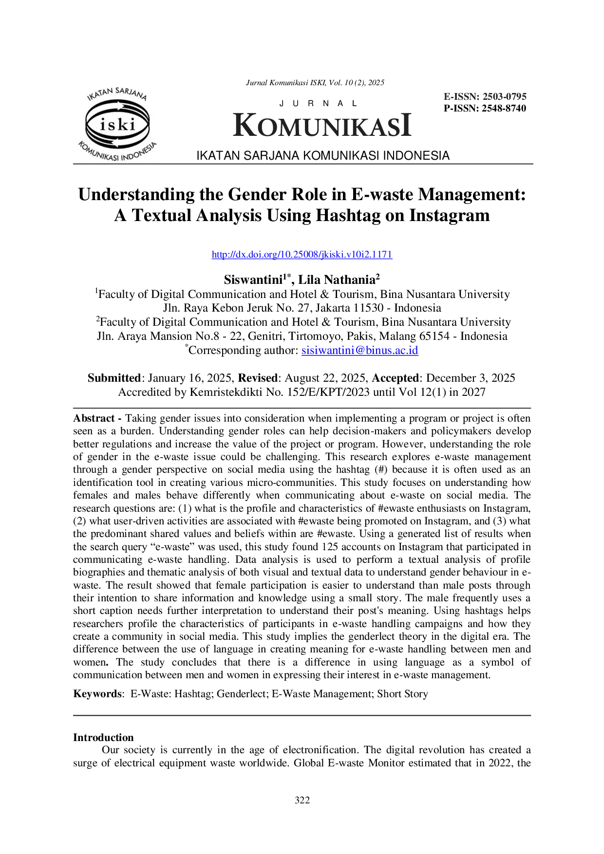 JURIS Understanding the Gender Role in E waste Management A Textual Analysis Using Hashtag on Instagram