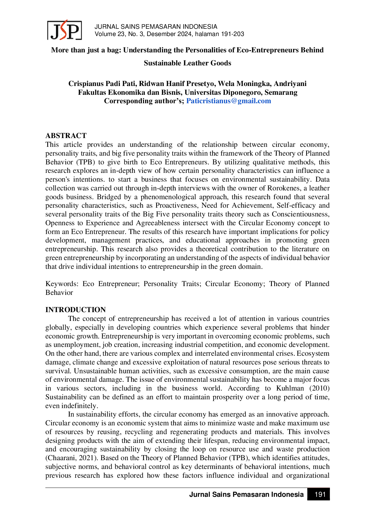 JURIS More Than Just a Bag Understanding the Personalities of Eco Entrepreneurs Behind Sustainable Leather Goods