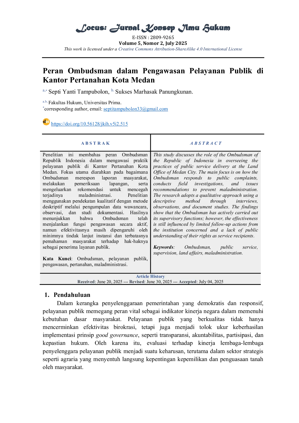 JURIS Peran Ombudsman dalam Pengawasan Pelayanan Publik di Kantor Pertanahan Kota Medan