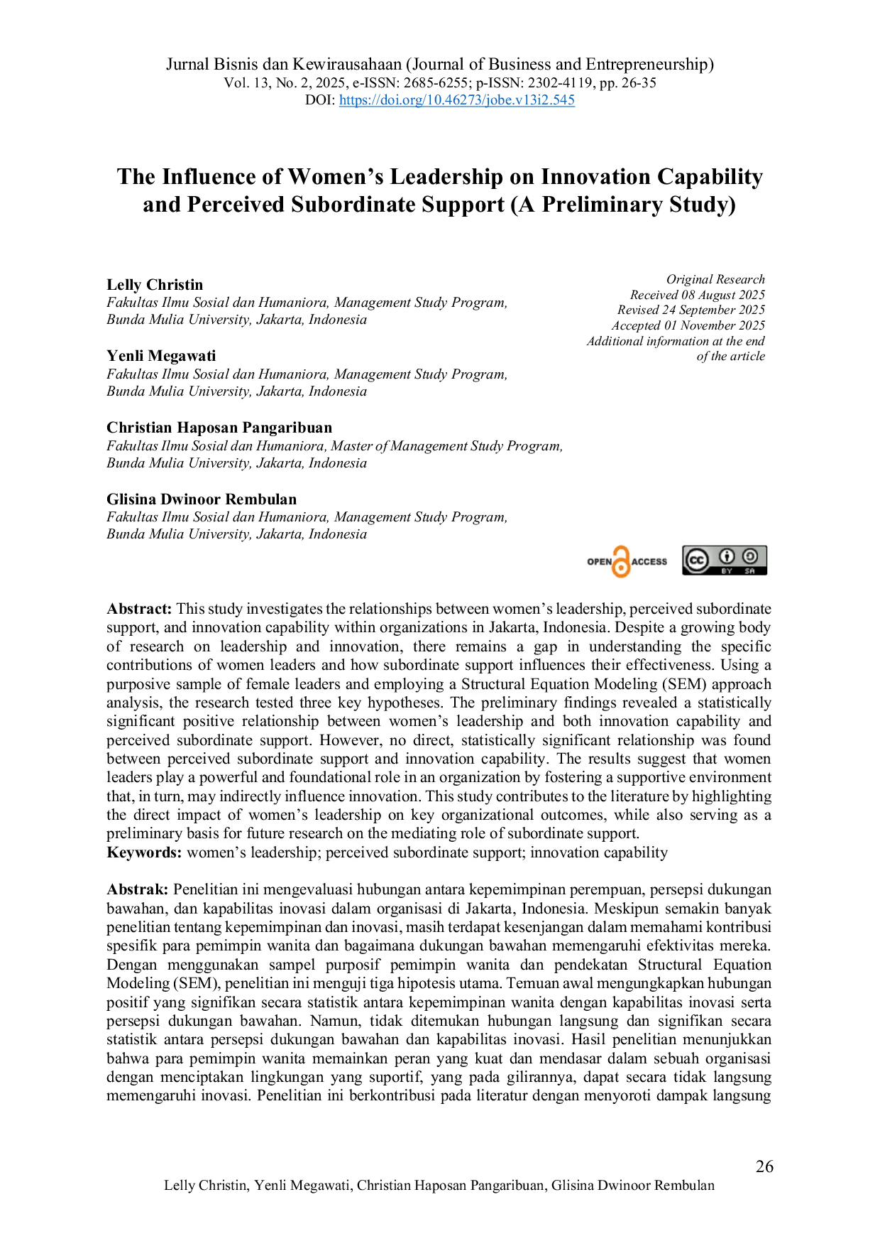 JURIS The Influence of Women s Leadership on Innovation Capability and Perceived Subordinate Support A Preliminary Study