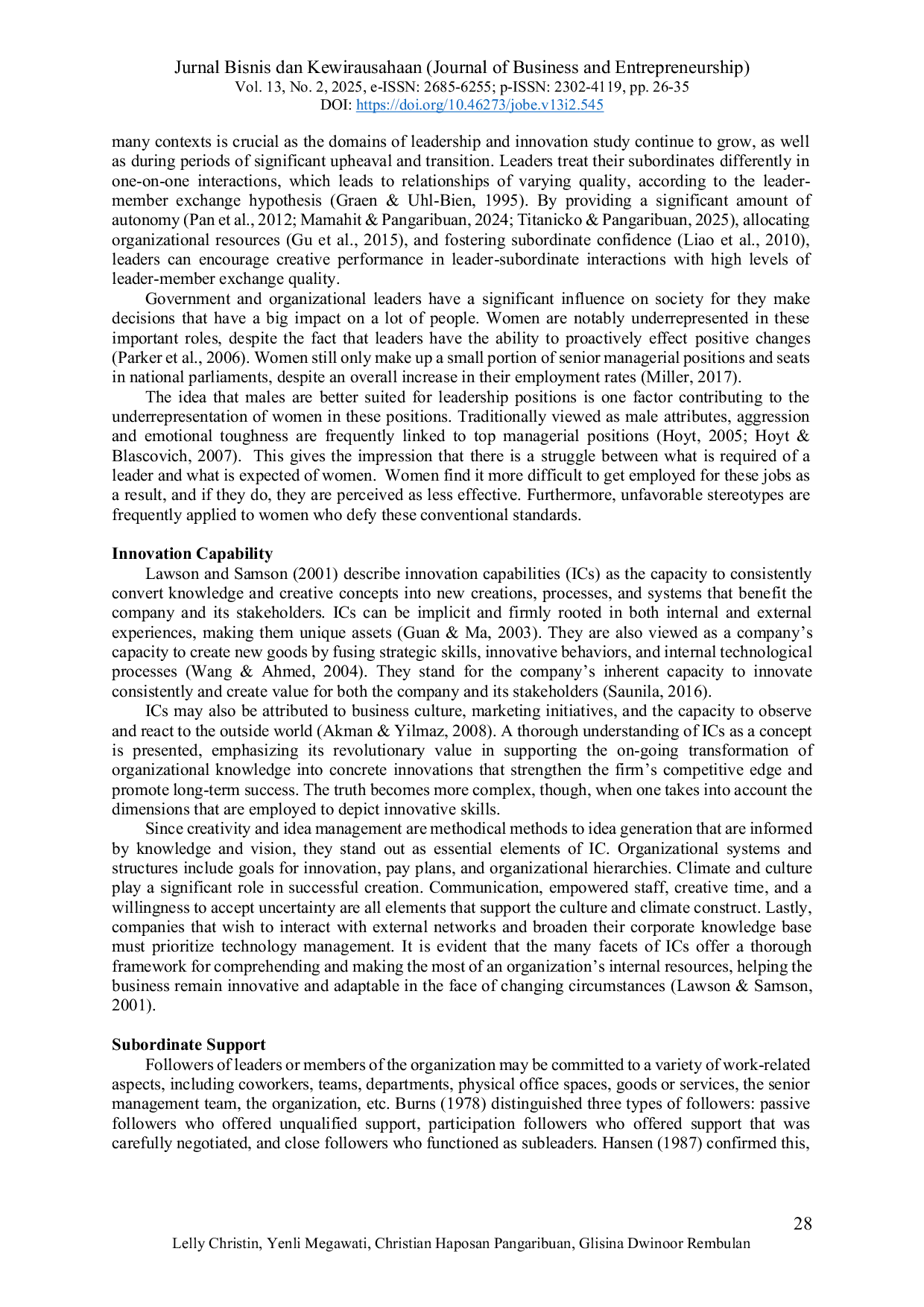 JURIS The Influence of Women s Leadership on Innovation Capability and Perceived Subordinate Support A Preliminary Study