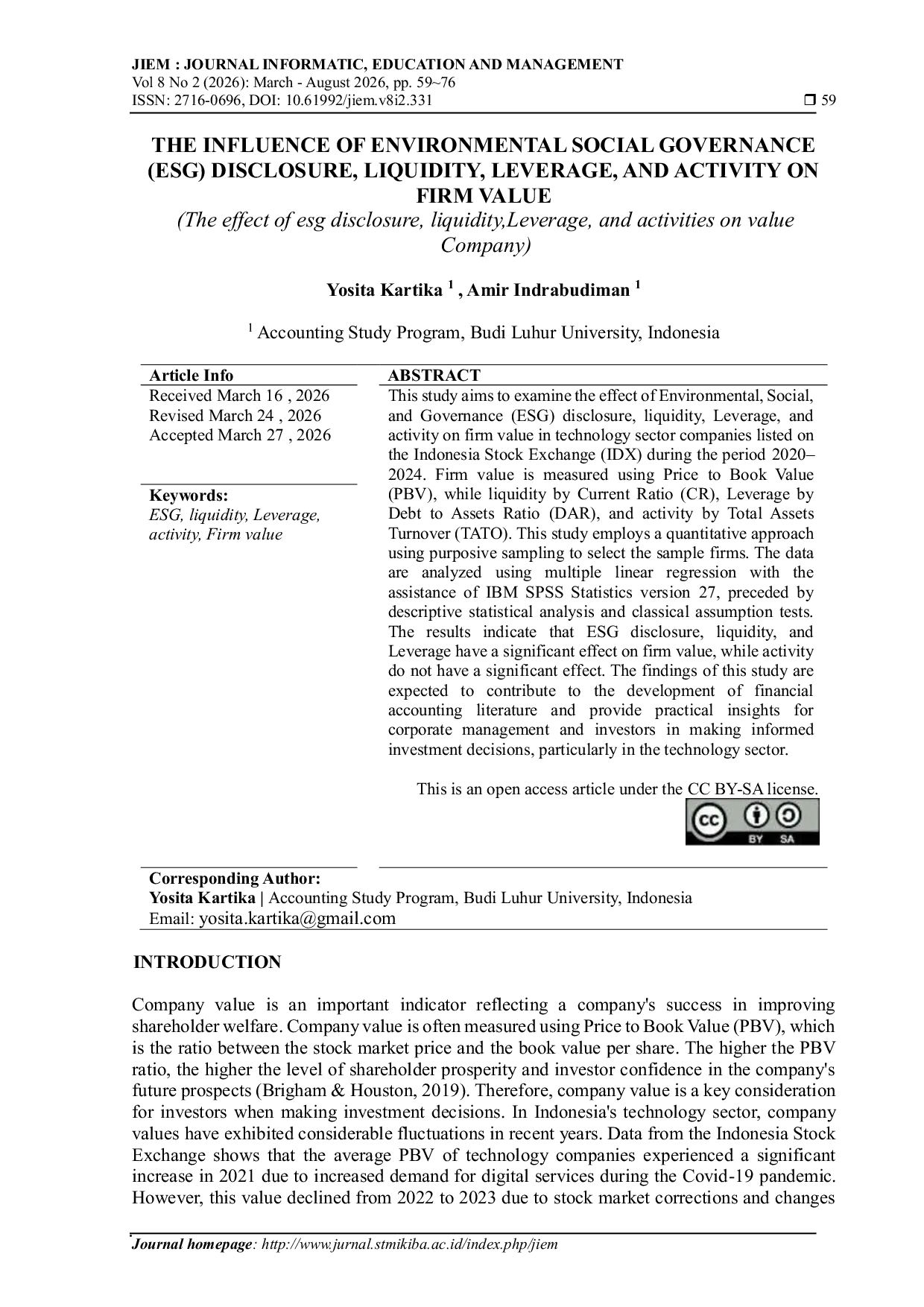 JURIS The Influence of Environmental Social Governance ESG Disclosure Liquidity Leverage and Activity on Firm Value