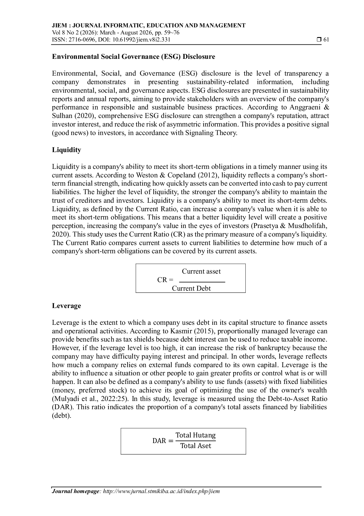 JURIS The Influence of Environmental Social Governance ESG Disclosure Liquidity Leverage and Activity on Firm Value