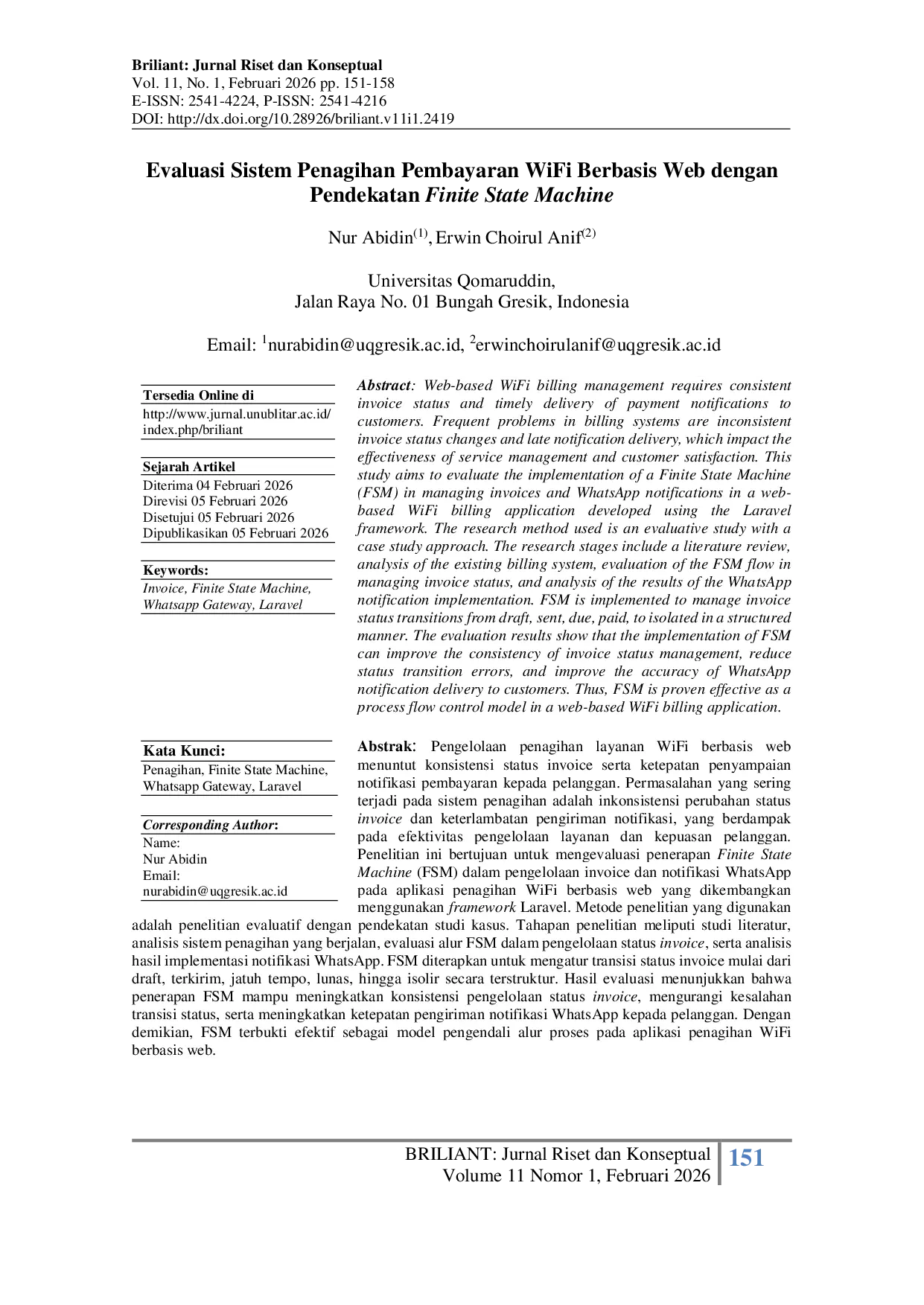 JURIS Evaluasi Sistem Penagihan Pembayaran WiFi Berbasis Web dengan Pendekatan Finite State Machine
