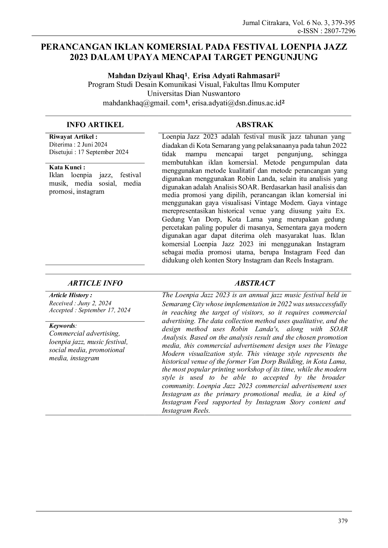 JURIS Perancangan Iklan Komersial pada Festival Loenpia Jazz 2023 dalam Upaya Mencapai Target Pengunjung