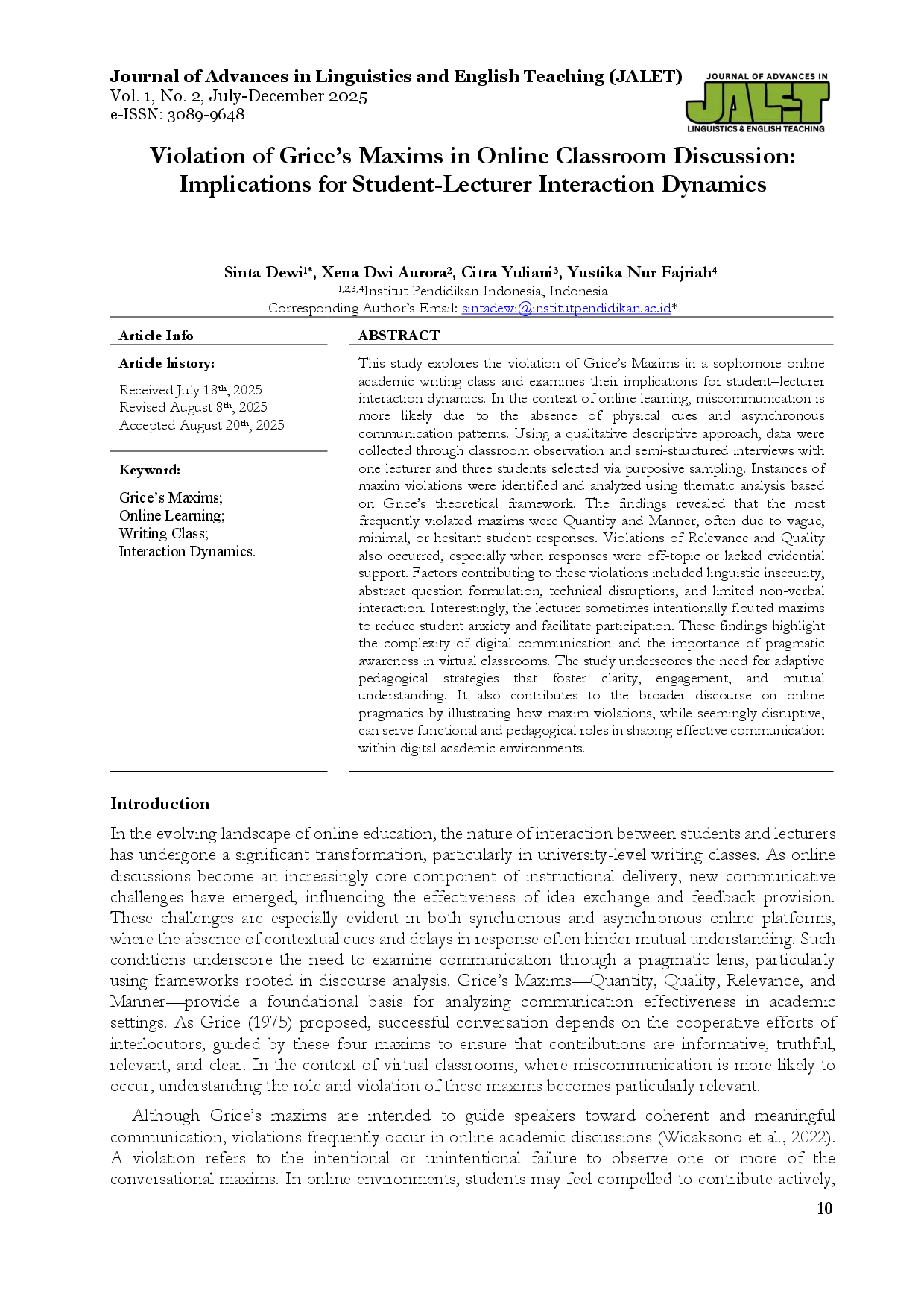 juris Violation of Grice s Maxims in Online Classroom Discussion Implications for Student Lecturer Interaction Dynamics