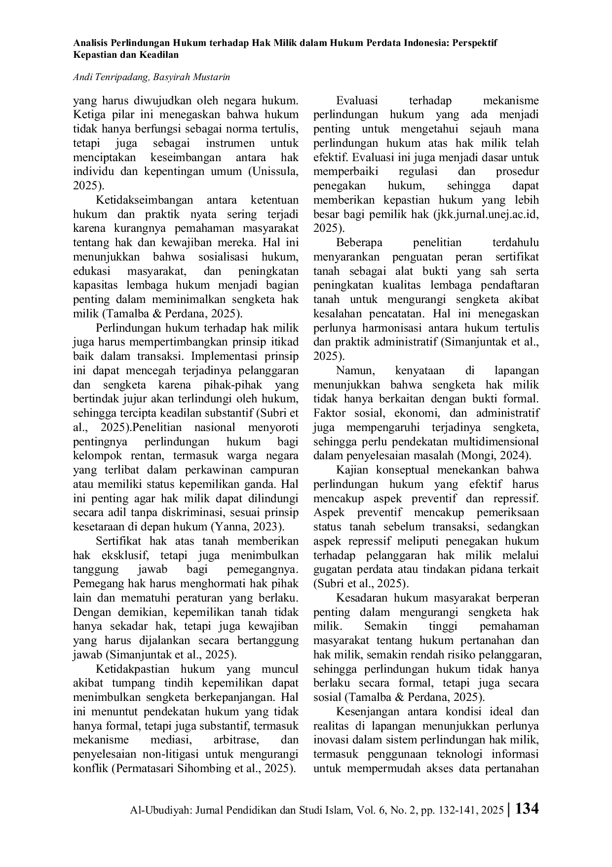 JURIS Analisis Perlindungan Hukum terhadap Hak Milik dalam Hukum Perdata Indonesia Perspektif Kepastian dan Keadilan