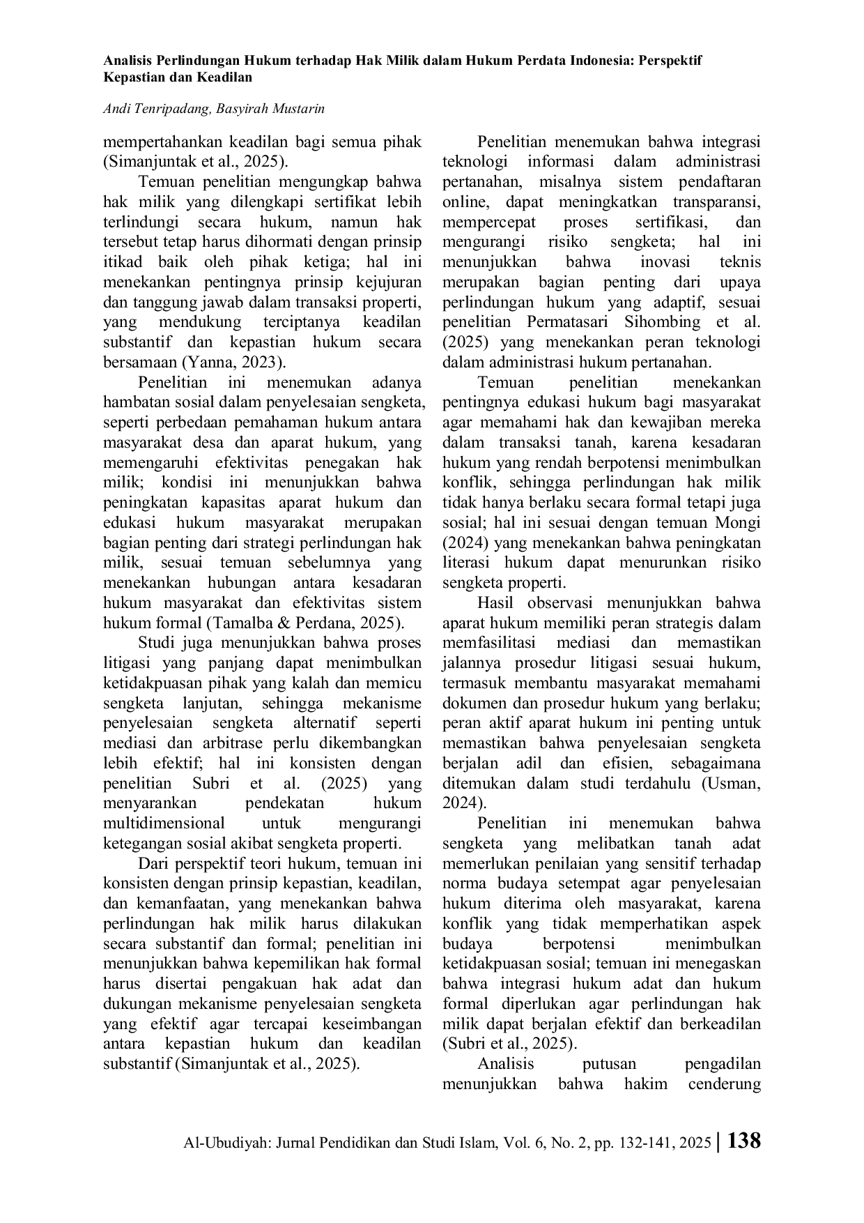 JURIS Analisis Perlindungan Hukum terhadap Hak Milik dalam Hukum Perdata Indonesia Perspektif Kepastian dan Keadilan