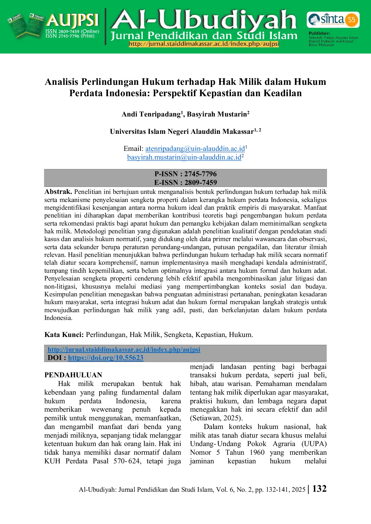 JURIS Analisis Perlindungan Hukum terhadap Hak Milik dalam Hukum Perdata Indonesia Perspektif Kepastian dan Keadilan