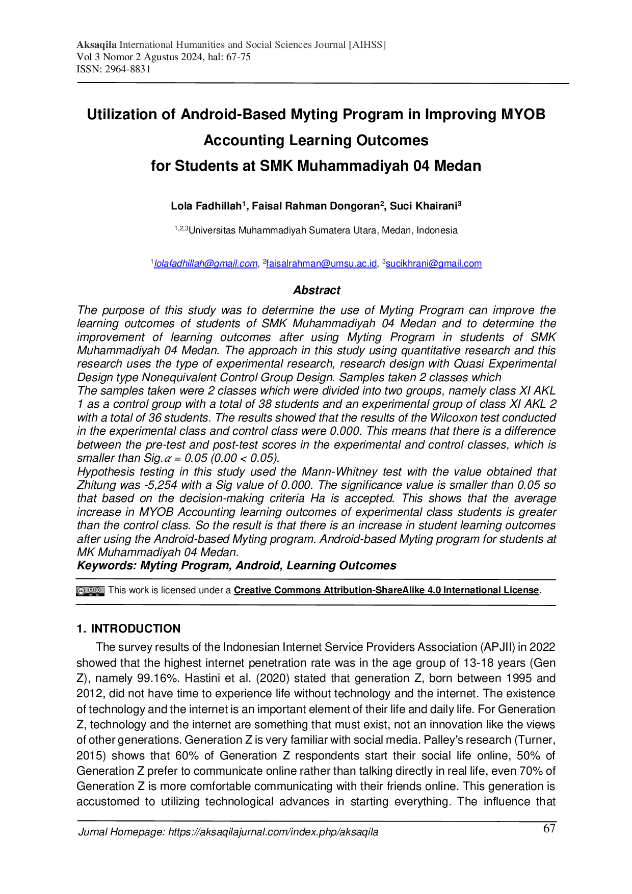 JURIS Utilization of Android based Myting Program in Improving Myob Accounting Learning Outcomes for Students At SMK Muhammadiyah 04 Medan