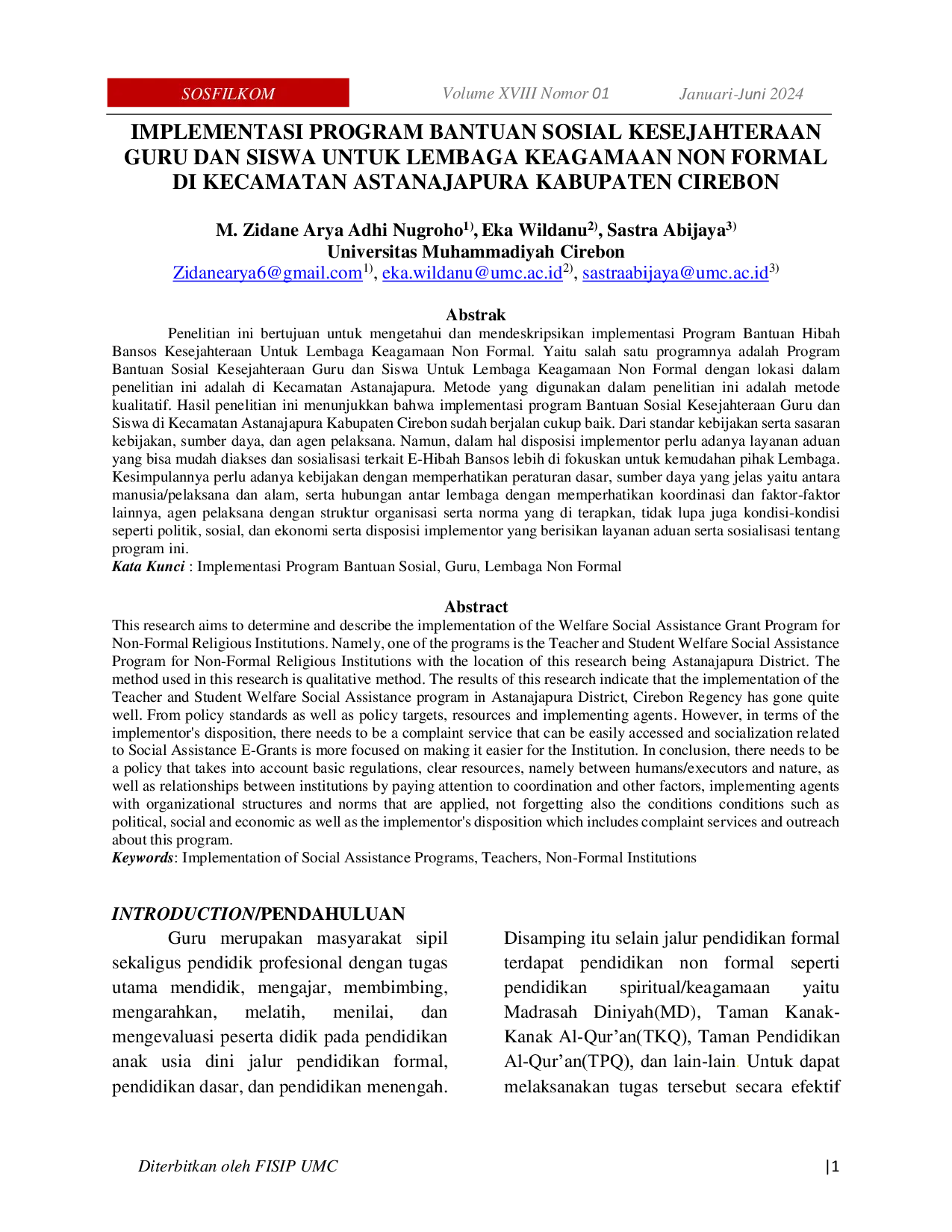 JURIS Implementasi Program Bantuan Sosial Kesejahteraan Guru dan Siswa untuk Lembaga Keagamaan Non Formal di Kecamatan Astanajapura Kabupaten Cirebon