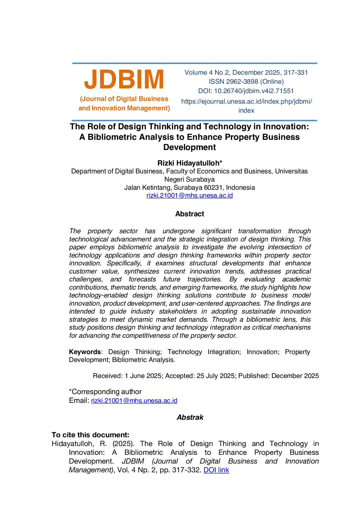 JURIS The Role of Design Thinking and Technology in Innovation A Bibliometric Analysis to Enhance Property Business Development