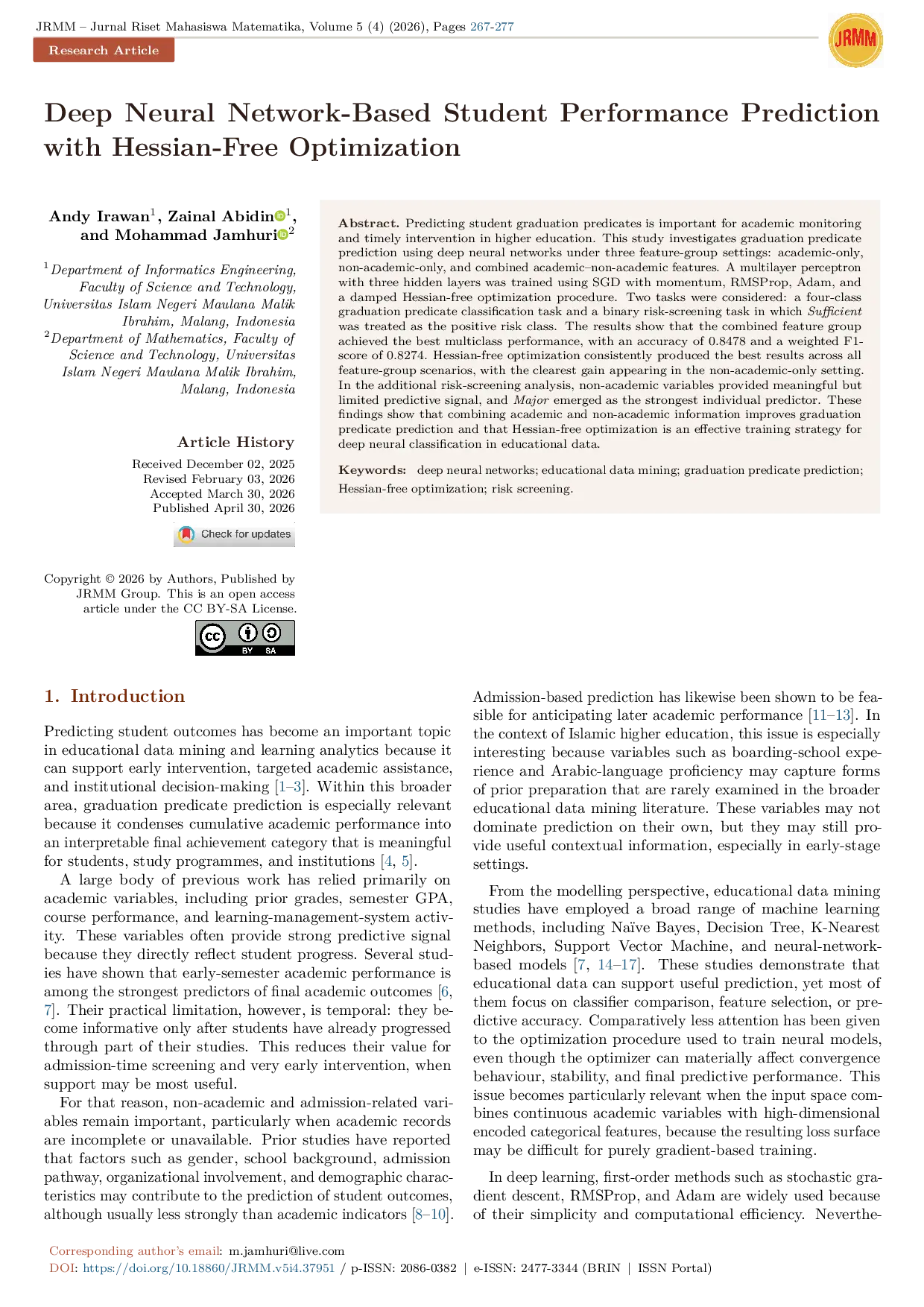 JURIS Deep Neural Network Based Student Performance Prediction with Hessian Free Optimization