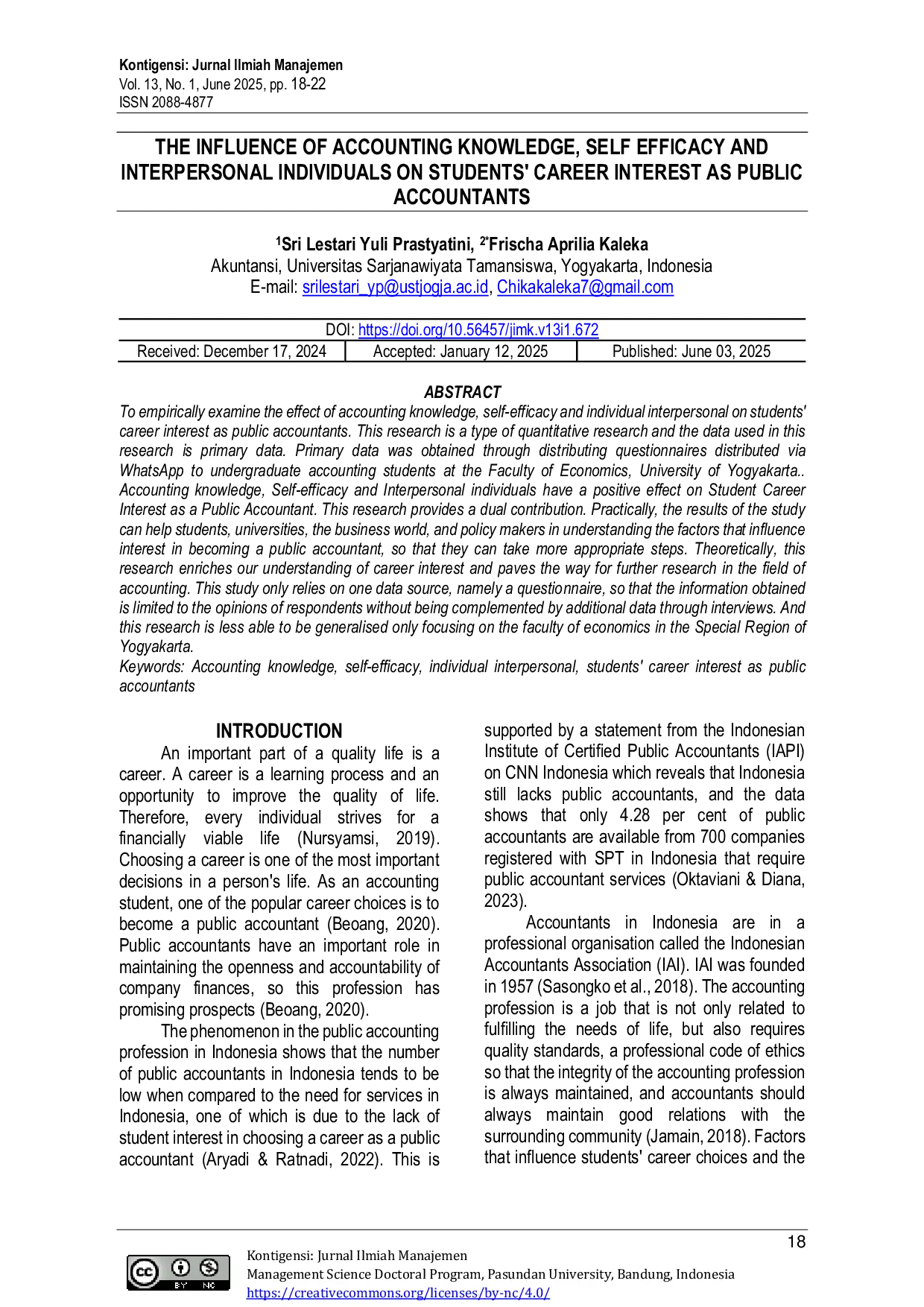 JURIS The Influence Of Accounting Knowledge Self Efficacy And Interpersonal Individuals On Students Career Interest As Public Accountants