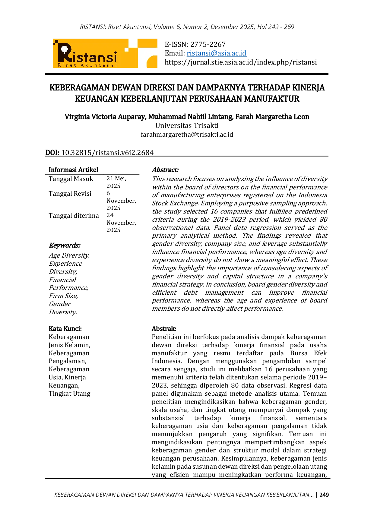 JURIS Keberagaman Dewan Direksi dan Dampaknya Terhadap Kinerja Keuangan Keberlanjutan Perusahaan Manufaktur