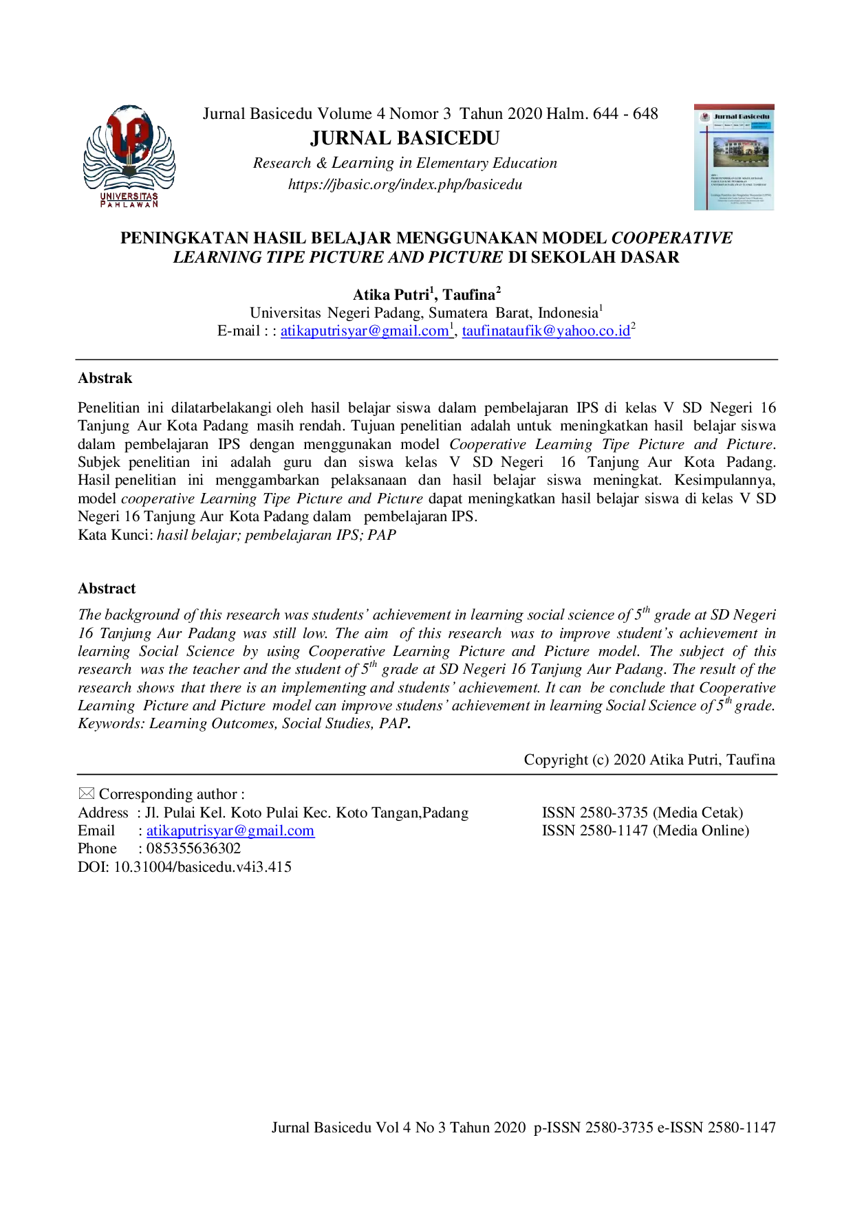 JURIS Peningkatan Hasil Belajar Menggunakan Model Cooperative Tipe Picture and Picture di Sekolah Dasar
