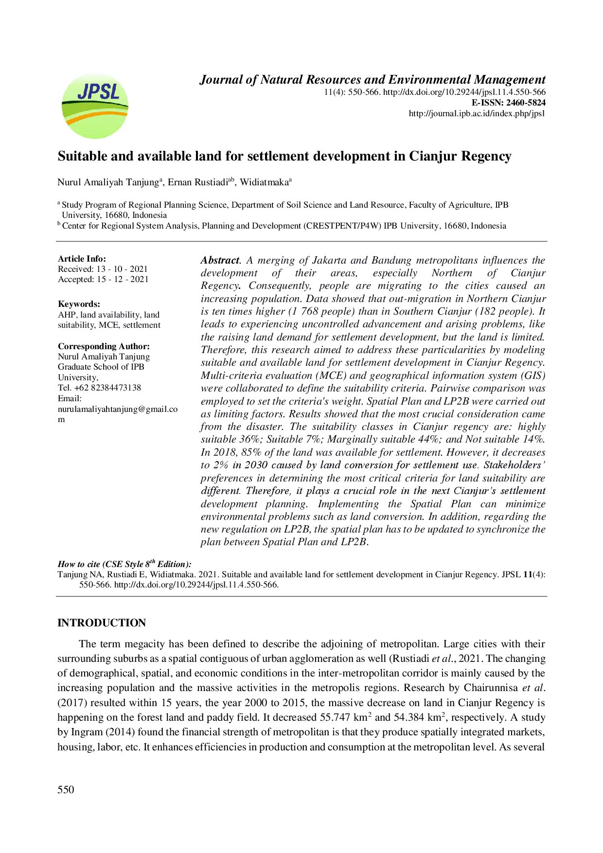 juris Suitable and Available Land for Settlement Development in Cianjur Regency