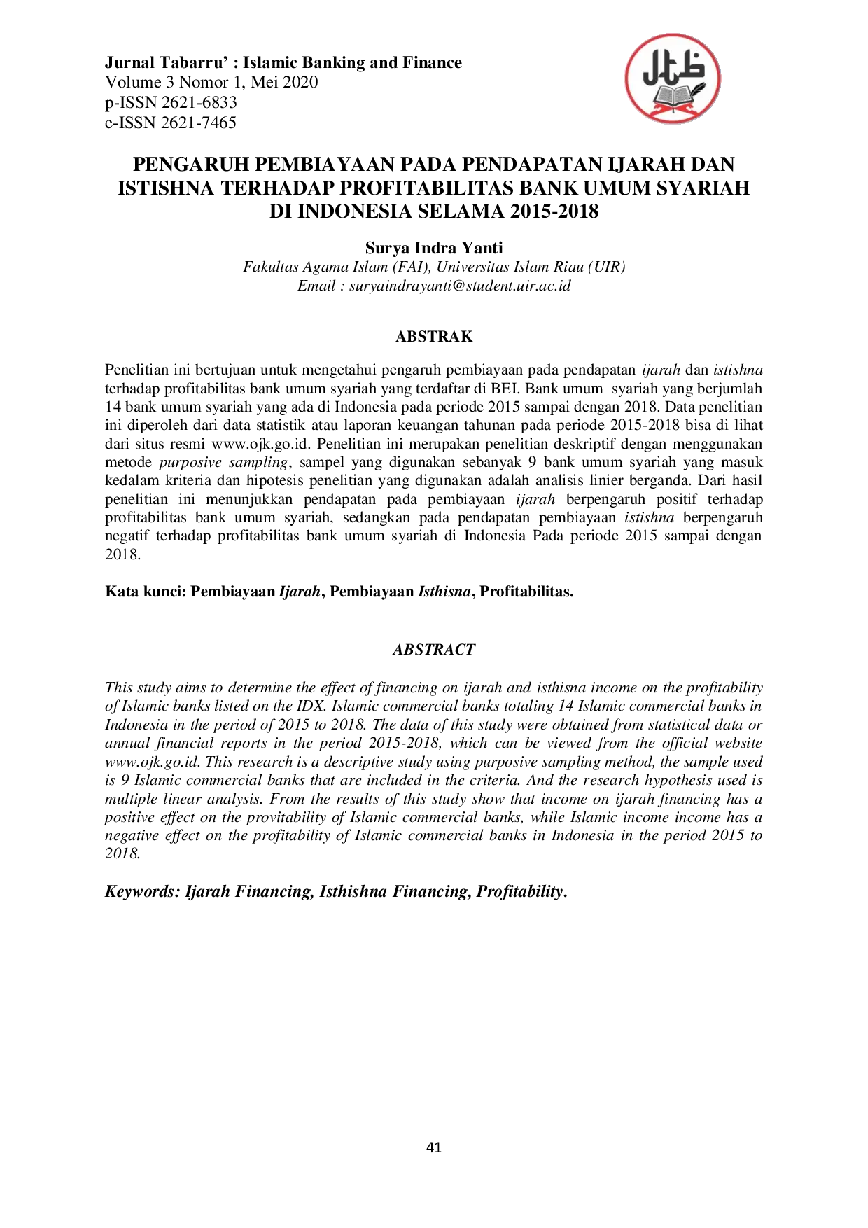 JURIS Pengaruh Pembiayaan Pada Pendapatan Ijarah Dan Istishna Terhadap Profitabilitas Bank Umum Syariah Di Indonesia Selama 2015 2018