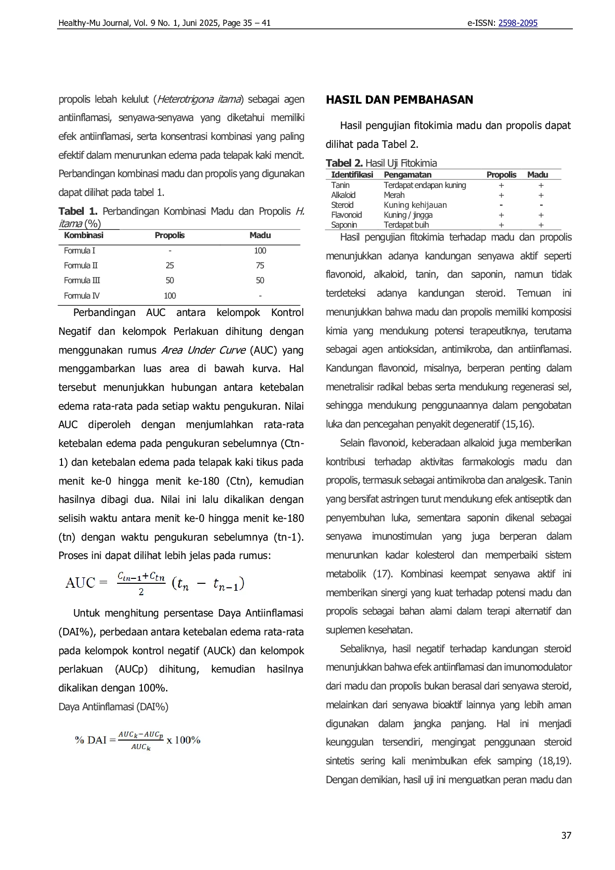 JURIS Aktivitas Antiinflammasi Kombinasi Ekstrak Propolis dan Madu Lebah Heterotrigona itama pada Mencit Mus musculus yang diinduksi Karagenan