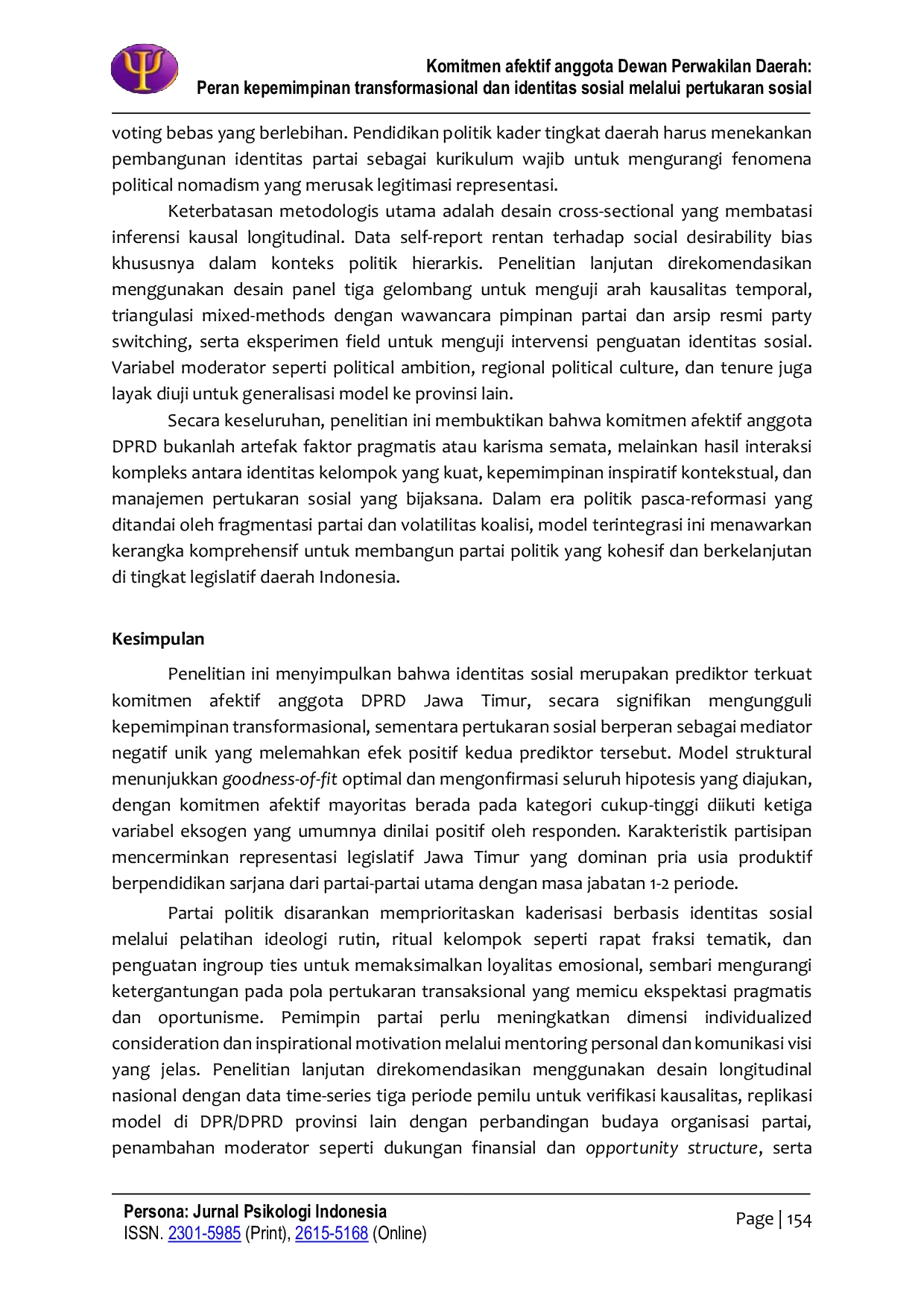 JURIS Komitmen Afektif Anggota Dewan Perwakilan Daerah Peran Kepemimpinan Transformasional dan Identitas Sosial Melalui Pertukaran Sosial