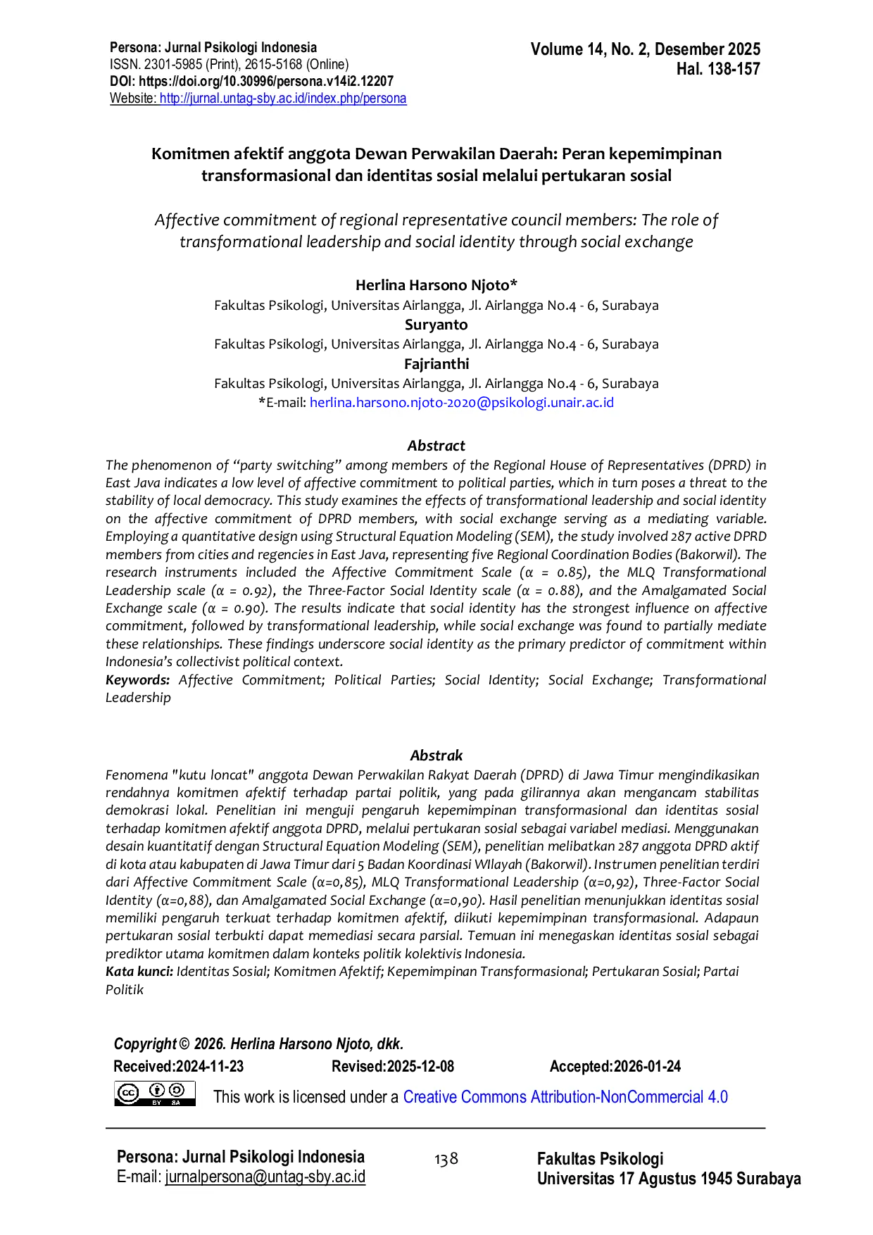 JURIS Komitmen Afektif Anggota Dewan Perwakilan Daerah Peran Kepemimpinan Transformasional dan Identitas Sosial Melalui Pertukaran Sosial
