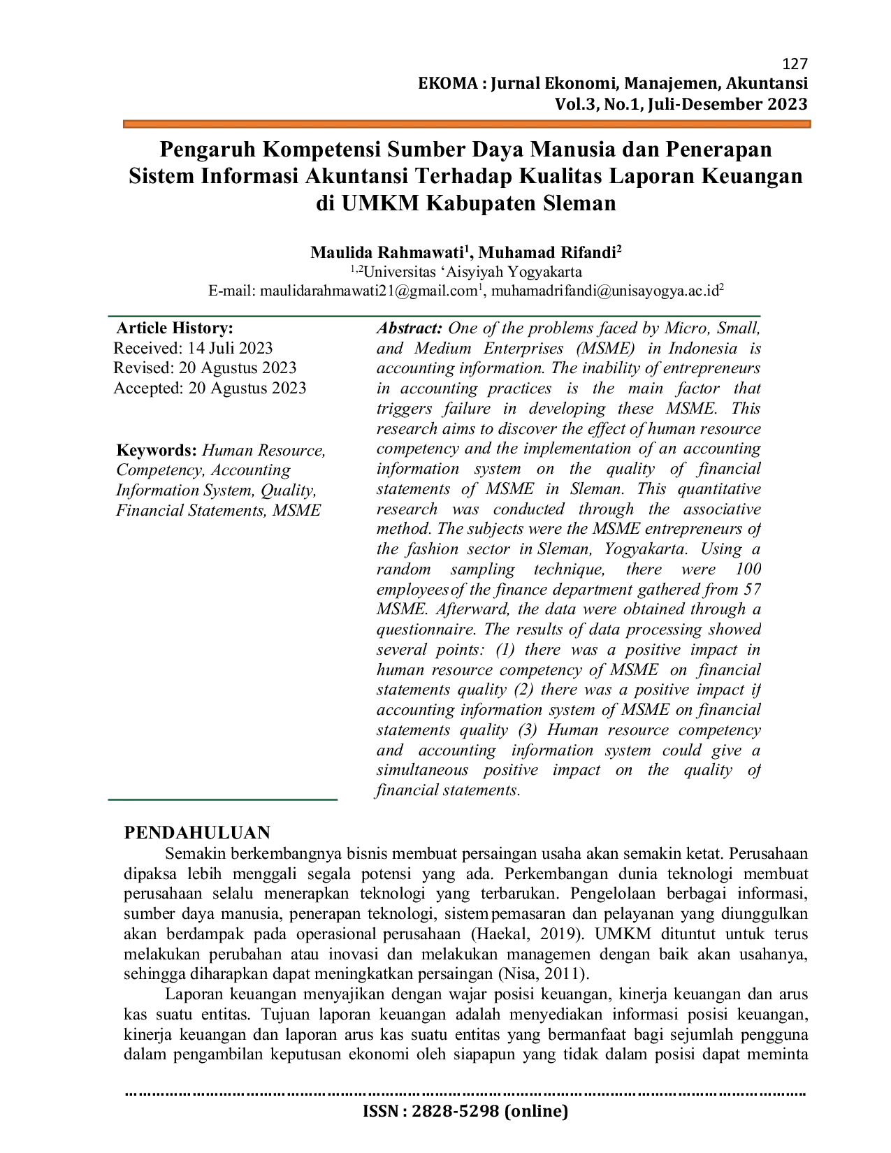 JURIS Pengaruh Kompetensi Sumber Daya Manusia dan Penerapan Sistem Informasi Akuntansi Terhadap Kualitas Laporan Keuangan di UMKM Kabupaten Sleman