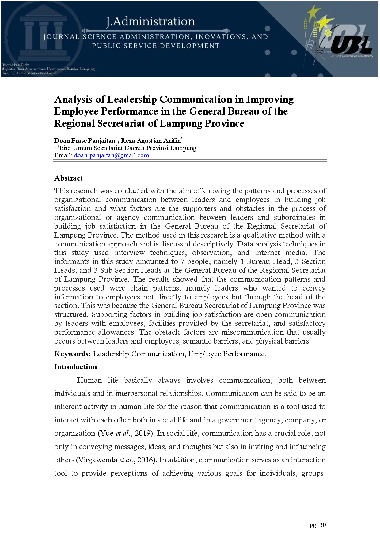 juris Analysis of Leadership Communication in Improving Employee Performance in the General Bureau of the Regional Secretariat of Lampung Province