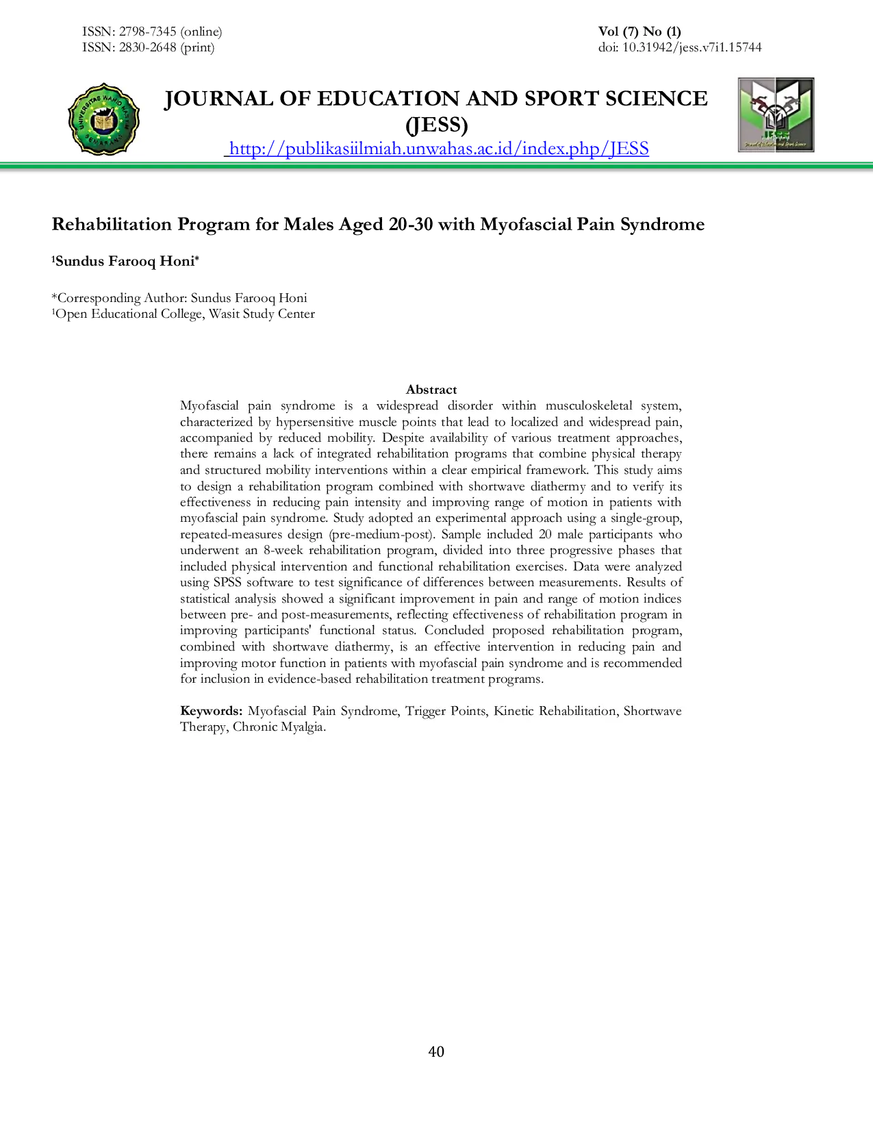 JURIS Rehabilitation Program for Males Aged 20 30 with Myofascial Pain Syndrome