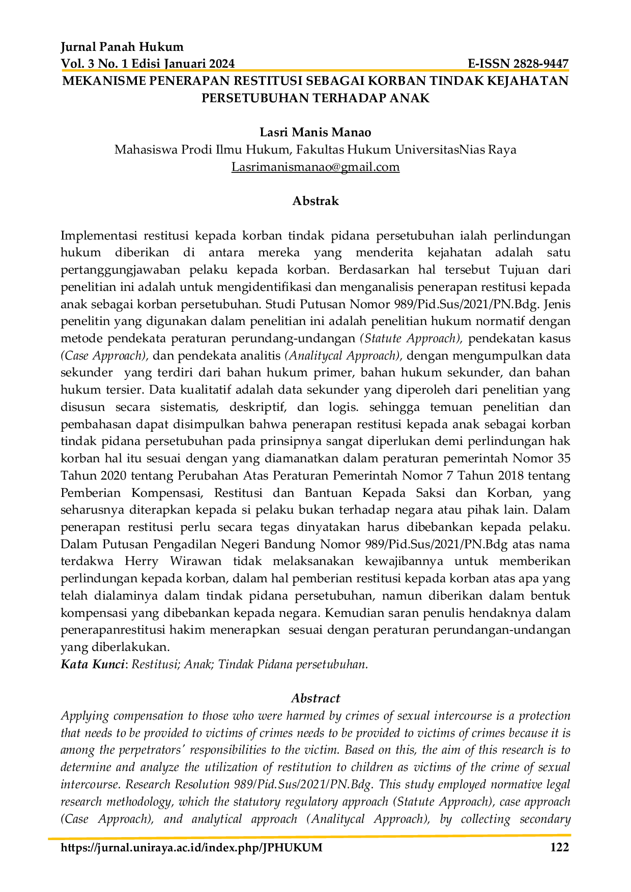 JURIS Mekanisme Penerapan Restitusi Sebagai Korban Tindak Kejahatan Persetubuhan Terhadap Anak