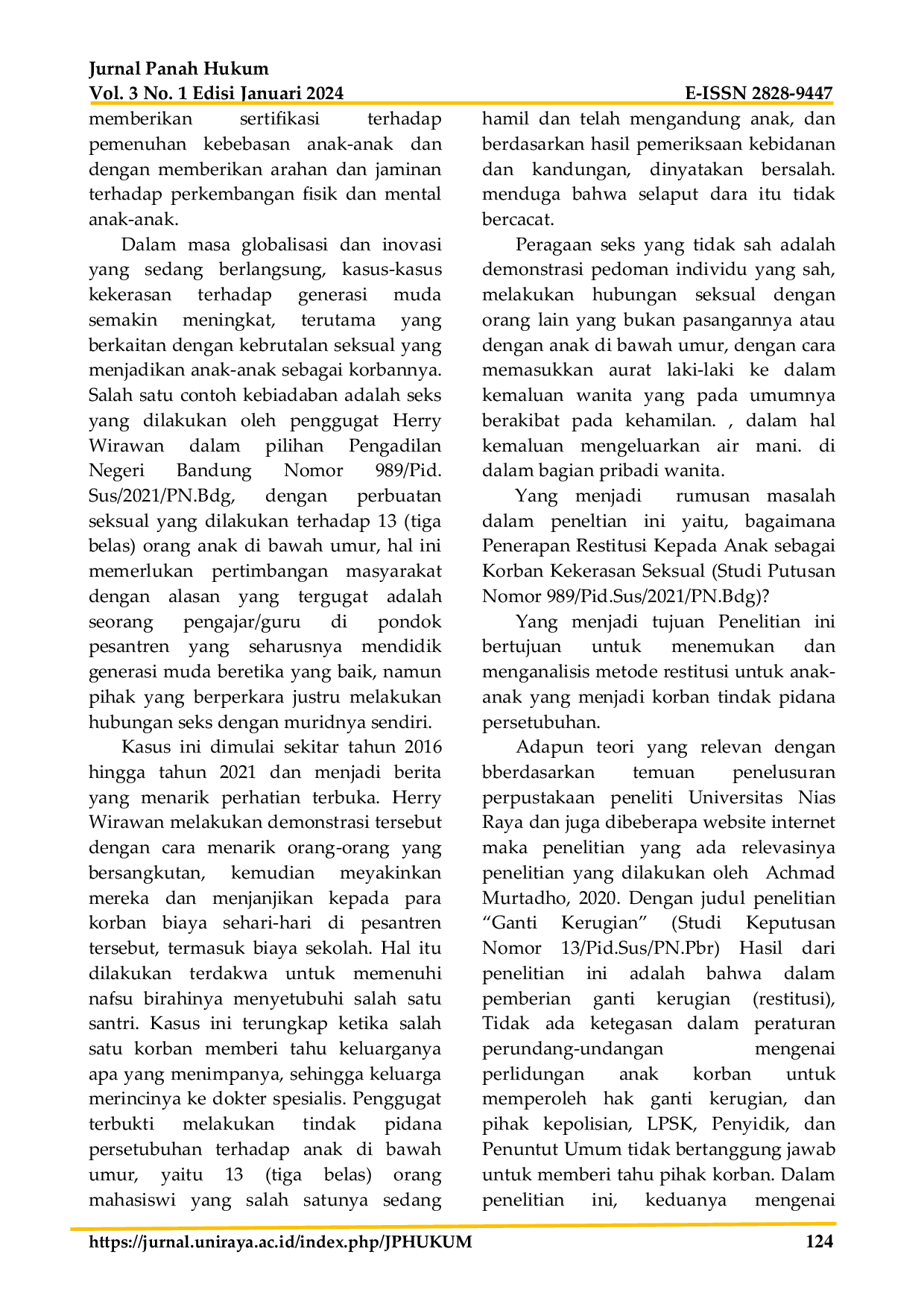 JURIS Mekanisme Penerapan Restitusi Sebagai Korban Tindak Kejahatan Persetubuhan Terhadap Anak