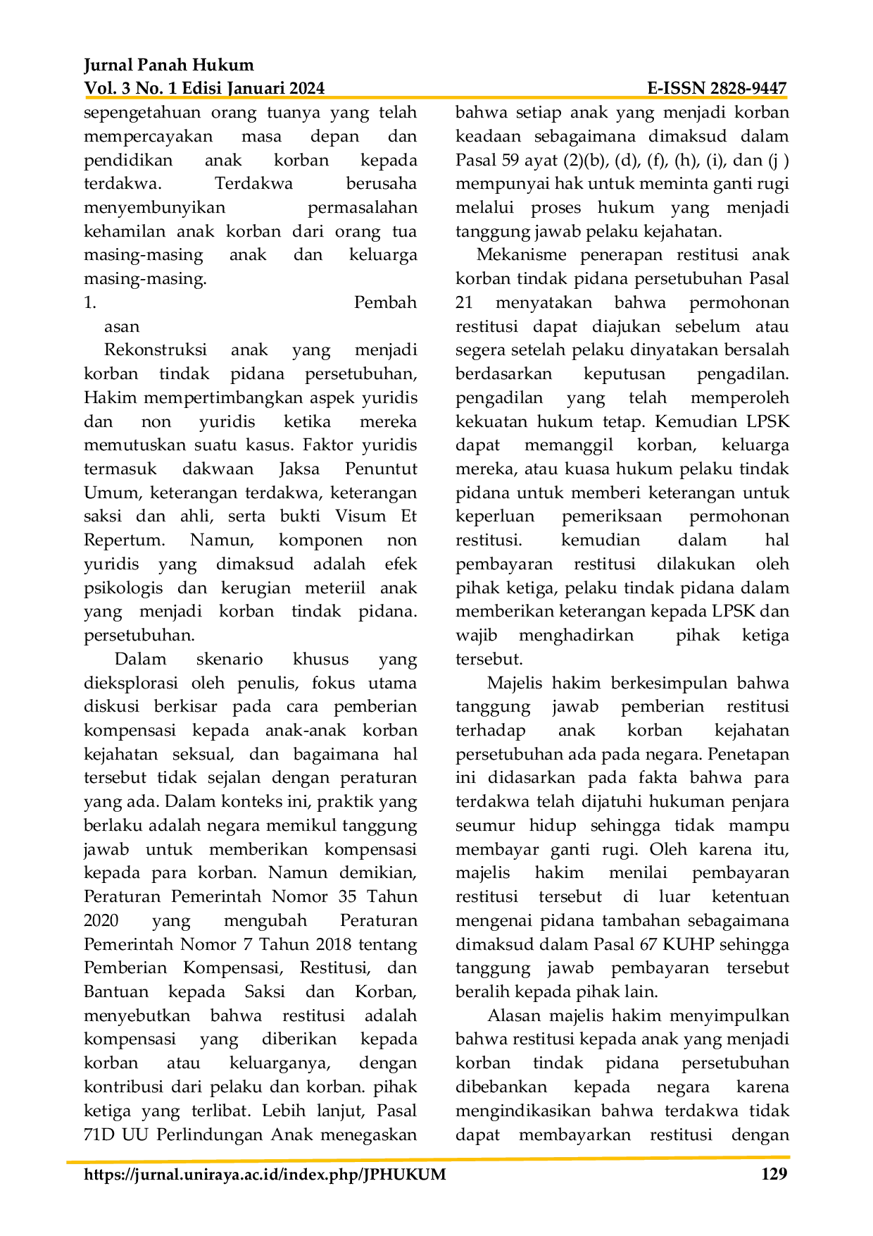 JURIS Mekanisme Penerapan Restitusi Sebagai Korban Tindak Kejahatan Persetubuhan Terhadap Anak