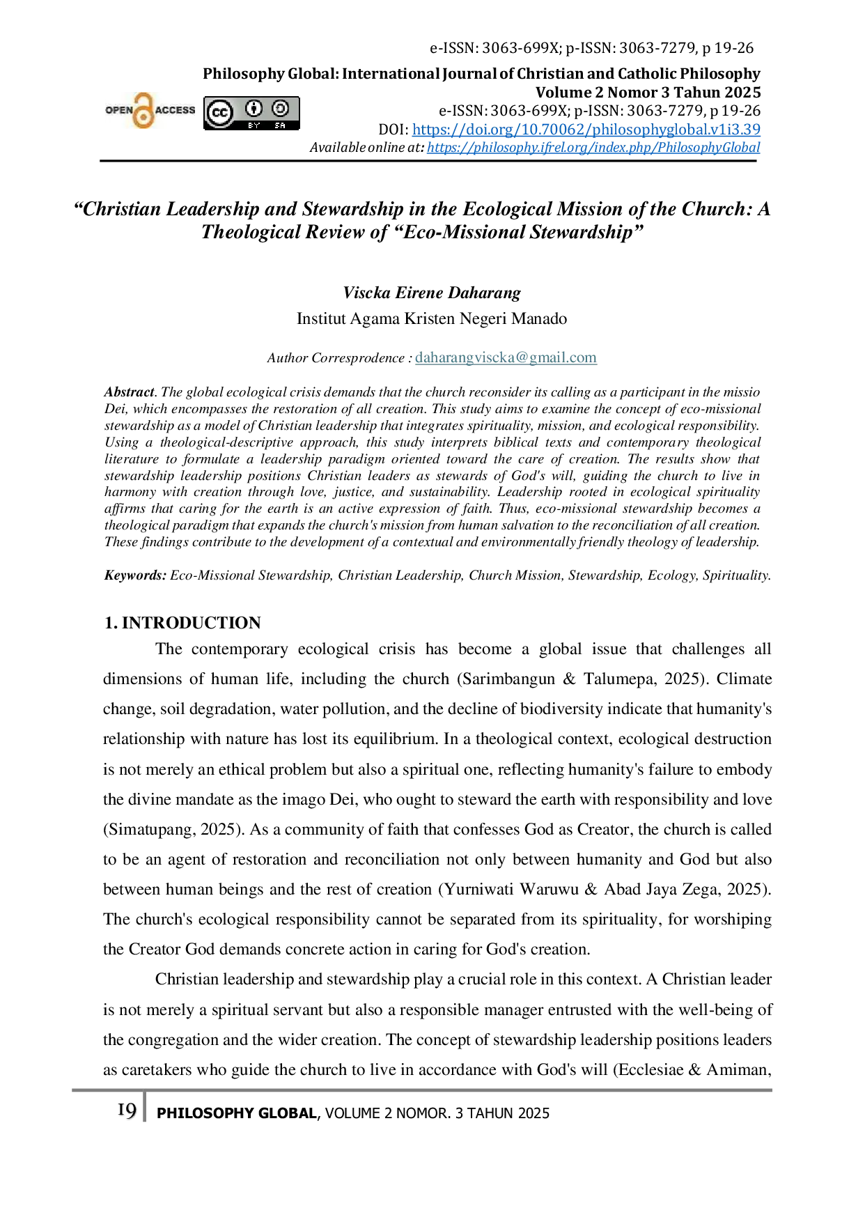 JURIS Christian Leadership and Stewardship in the Ecological Mission of the Church