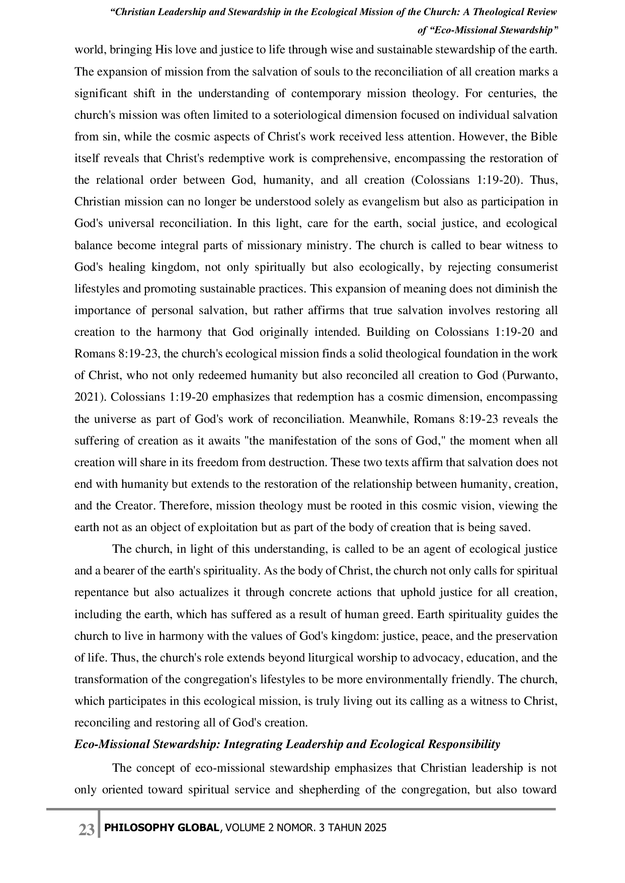 JURIS Christian Leadership and Stewardship in the Ecological Mission of the Church