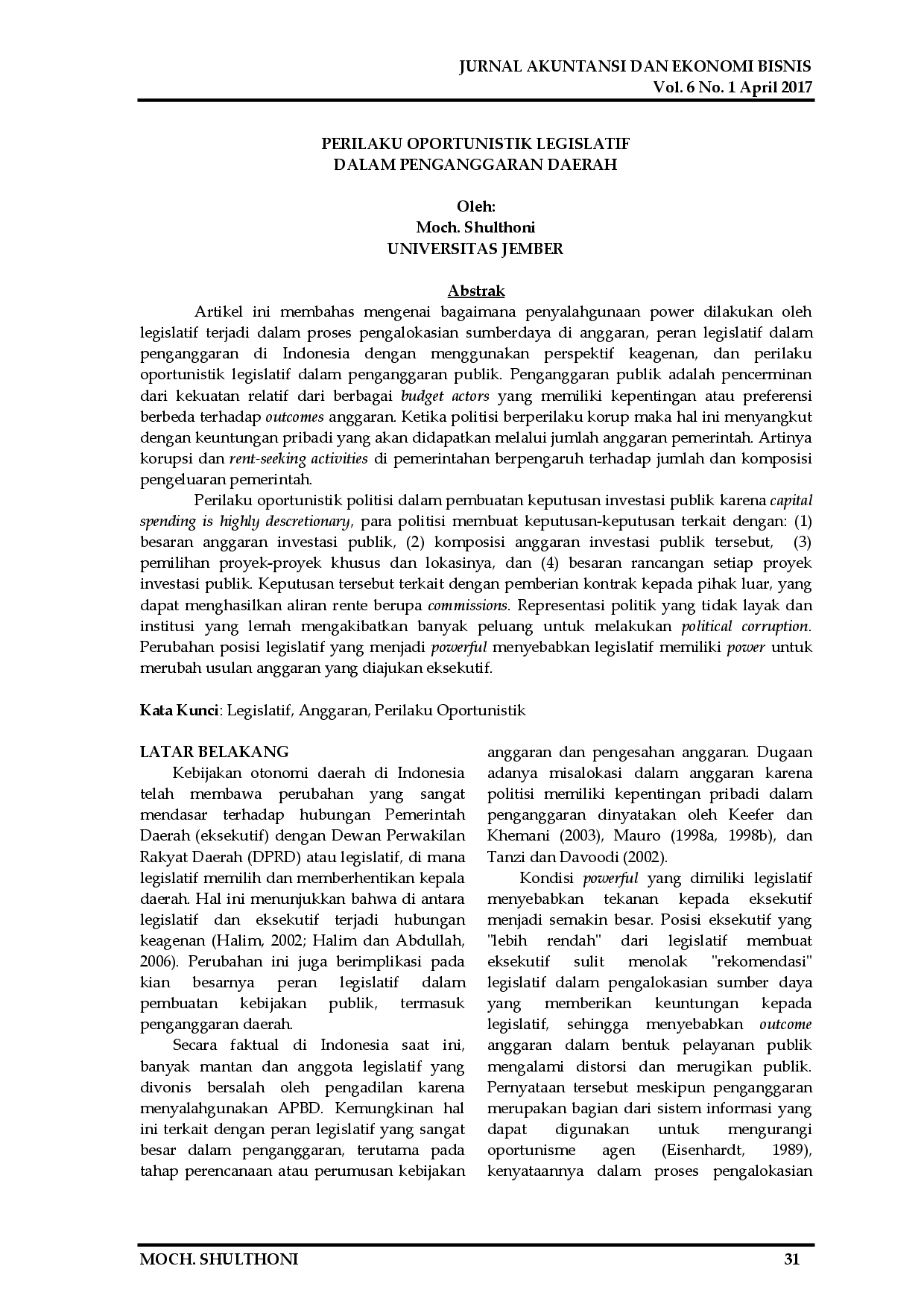 juris Perilaku Oportunistik Legislatif Dalam Penganggaran Daerah