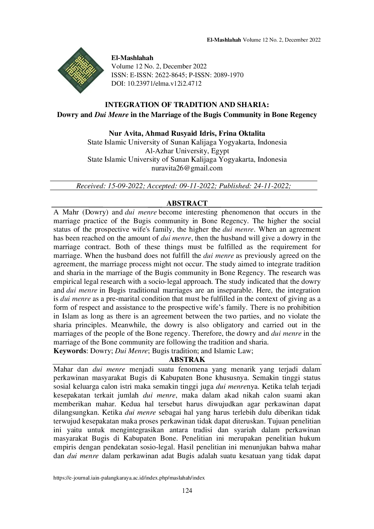 JURIS Integration of Tradition and Sharia Dowry and Dui Menre in the Marriage of the Bugis Community in Bone Regency