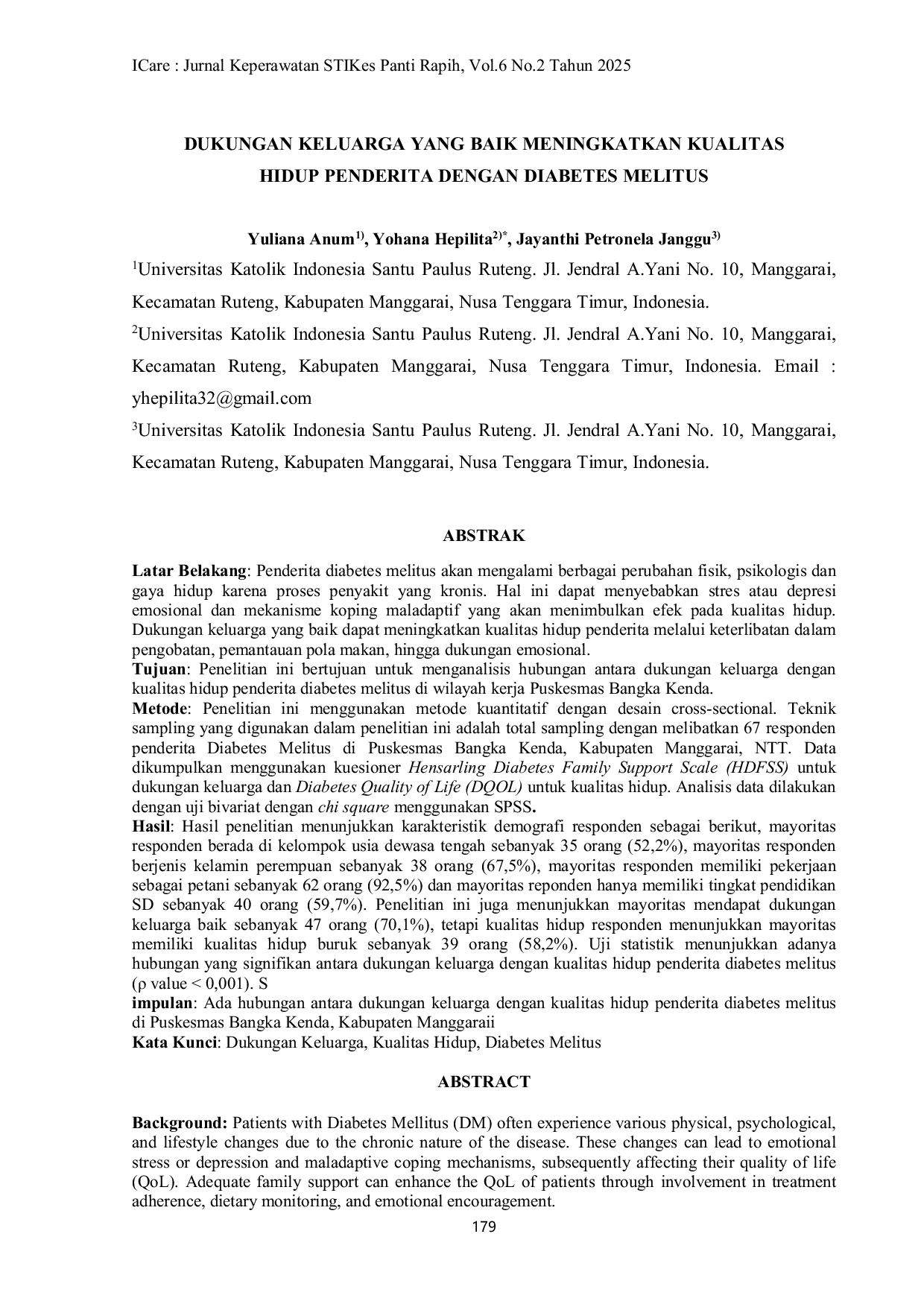 JURIS Dukungan Keluarga Yang Baik Meningkatkan Kualitas Hidup Penderita Dengan Diabetes Melitus