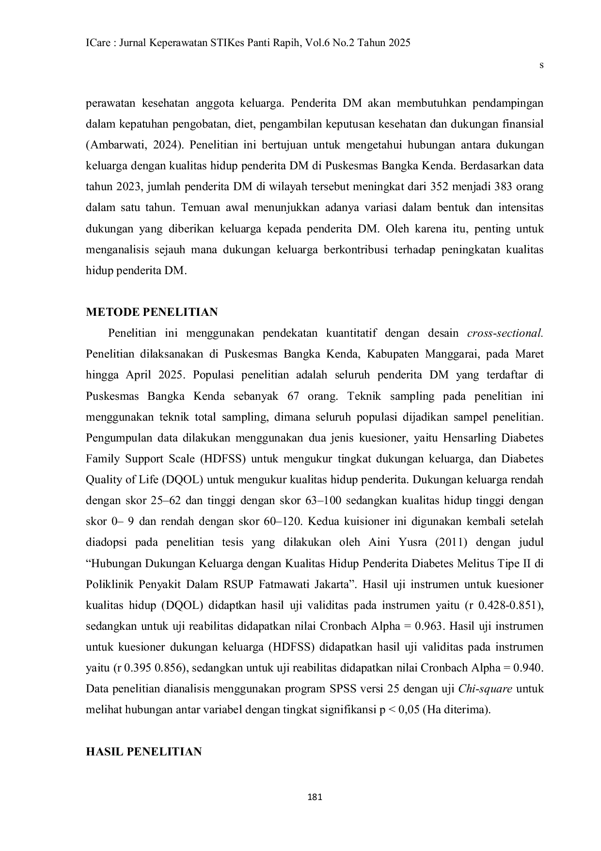JURIS Dukungan Keluarga Yang Baik Meningkatkan Kualitas Hidup Penderita Dengan Diabetes Melitus