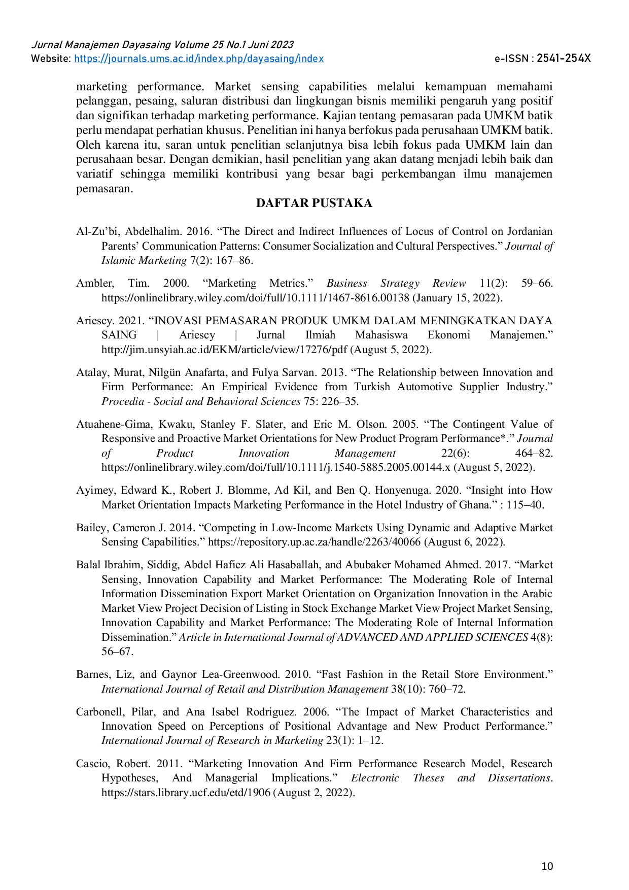 JURIS Pengaruh Marketing Innovativeness dan Market Sensing Capabilities terhadap Marketing Performance UMKM Batik Jawa Tengah