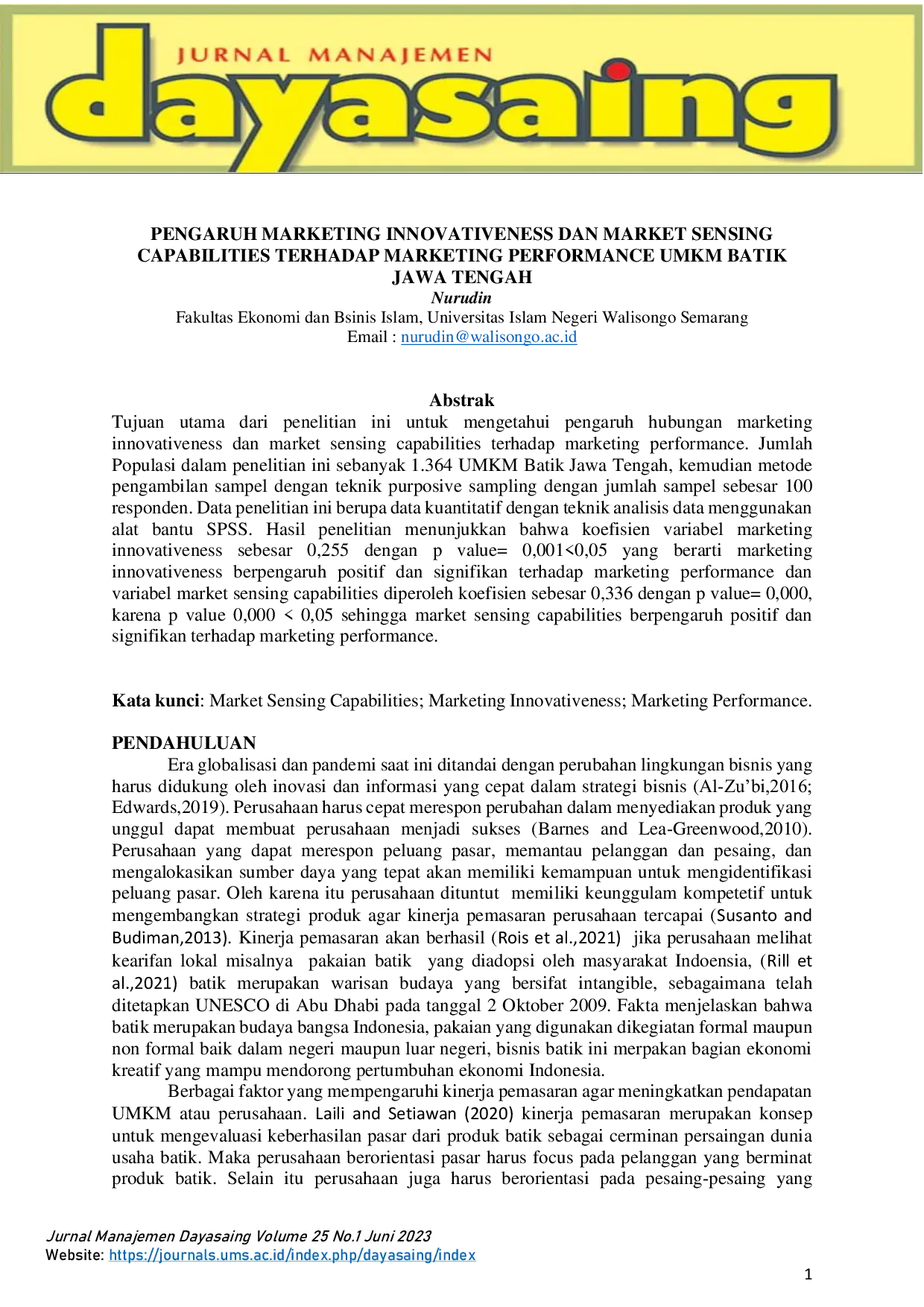 JURIS Pengaruh Marketing Innovativeness dan Market Sensing Capabilities terhadap Marketing Performance UMKM Batik Jawa Tengah