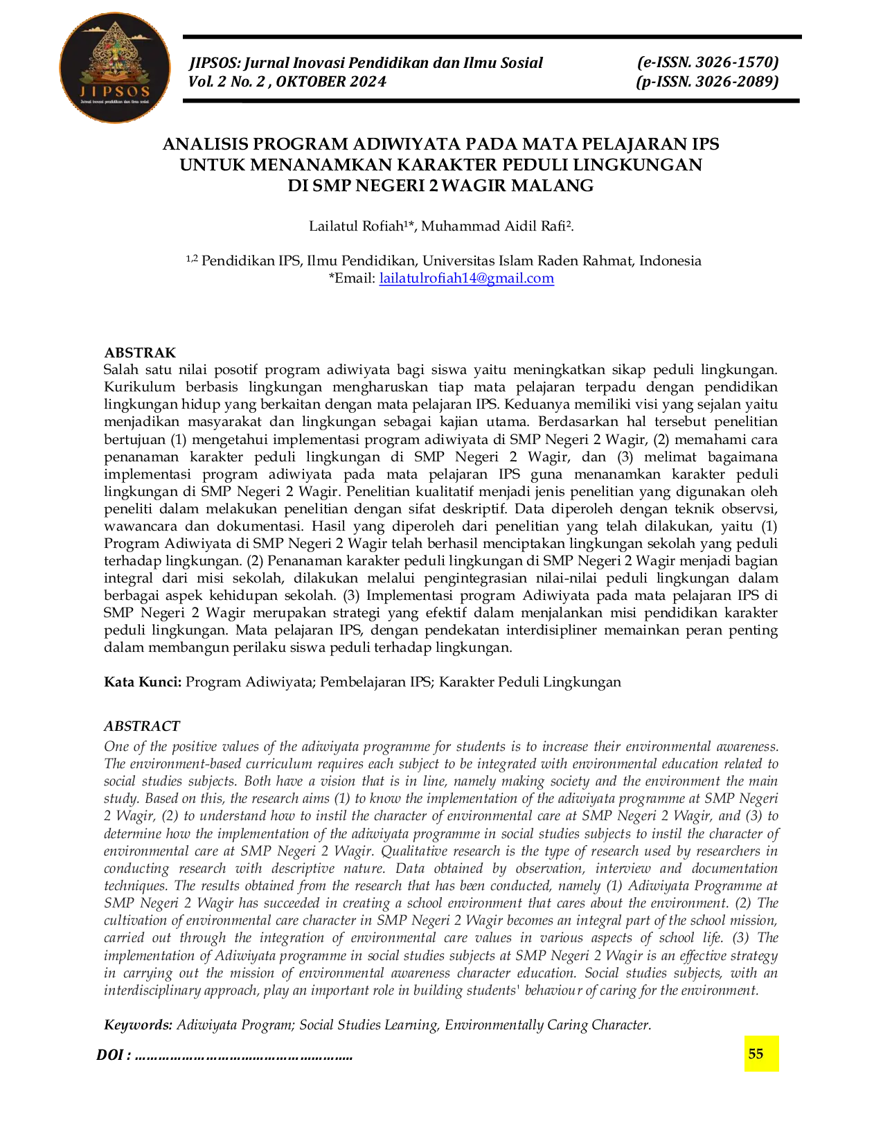 JURIS Analisis Program Adiwiyata Pada Mata Pelajaran Ips Untuk Menanamkan Karakter Peduli Lingkungan Di Smp Negeri 2 Wagir Malang