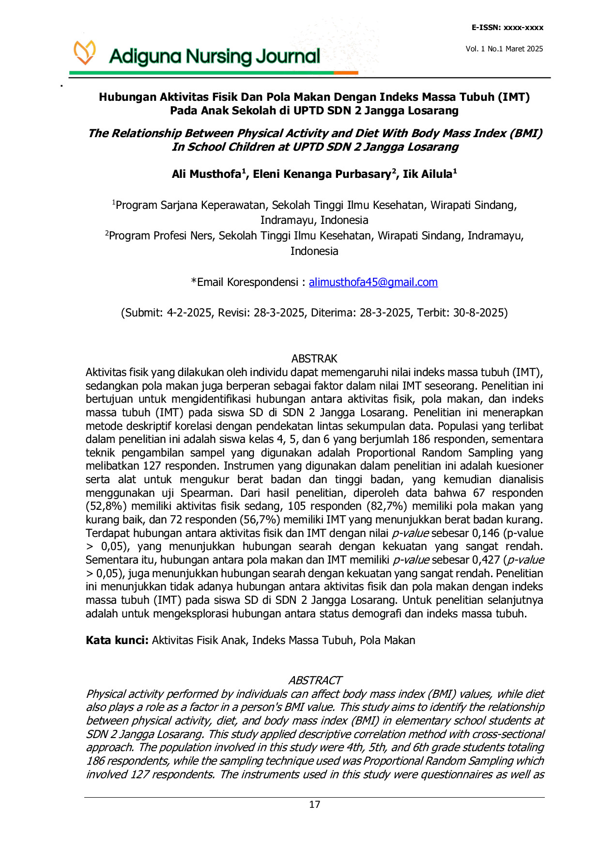 JURIS Hubungan Aktivitas Fisik Dan Pola Makan Dengan Indeks Massa Tubuh IMT Pada Anak Sekolah di UPTD SDN 2 Jangga Losarang
