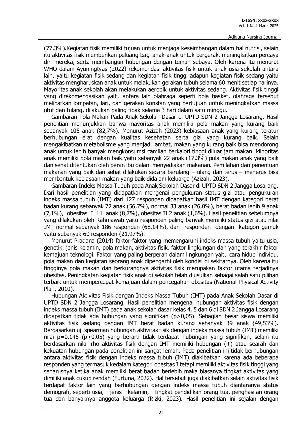 JURIS Hubungan Aktivitas Fisik Dan Pola Makan Dengan Indeks Massa Tubuh IMT Pada Anak Sekolah di UPTD SDN 2 Jangga Losarang
