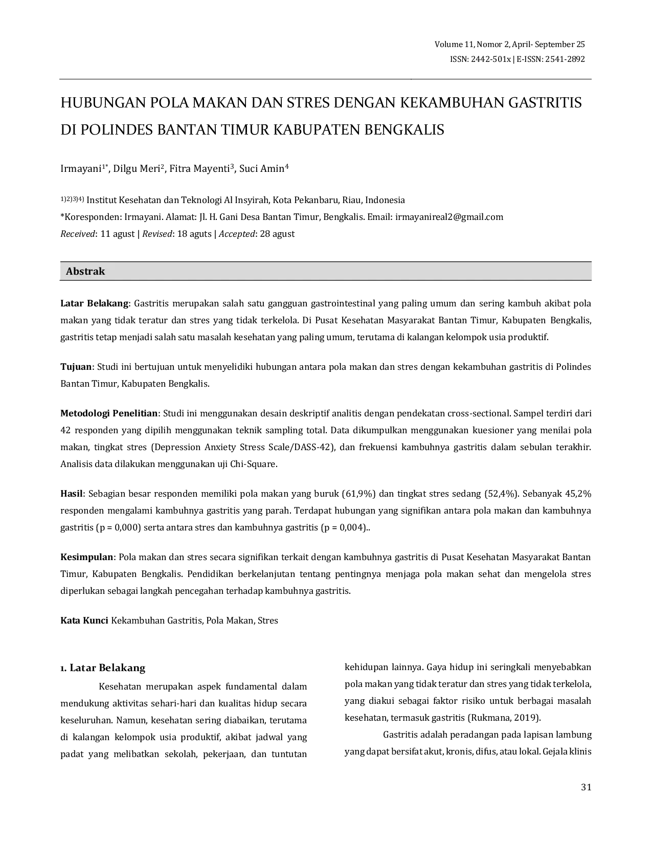 JURIS Hubungan Pola Makan Dan Stres Dengan Kekambuhan Gastritis Di Polindes Bantan Timur Kabupaten Bengkalis