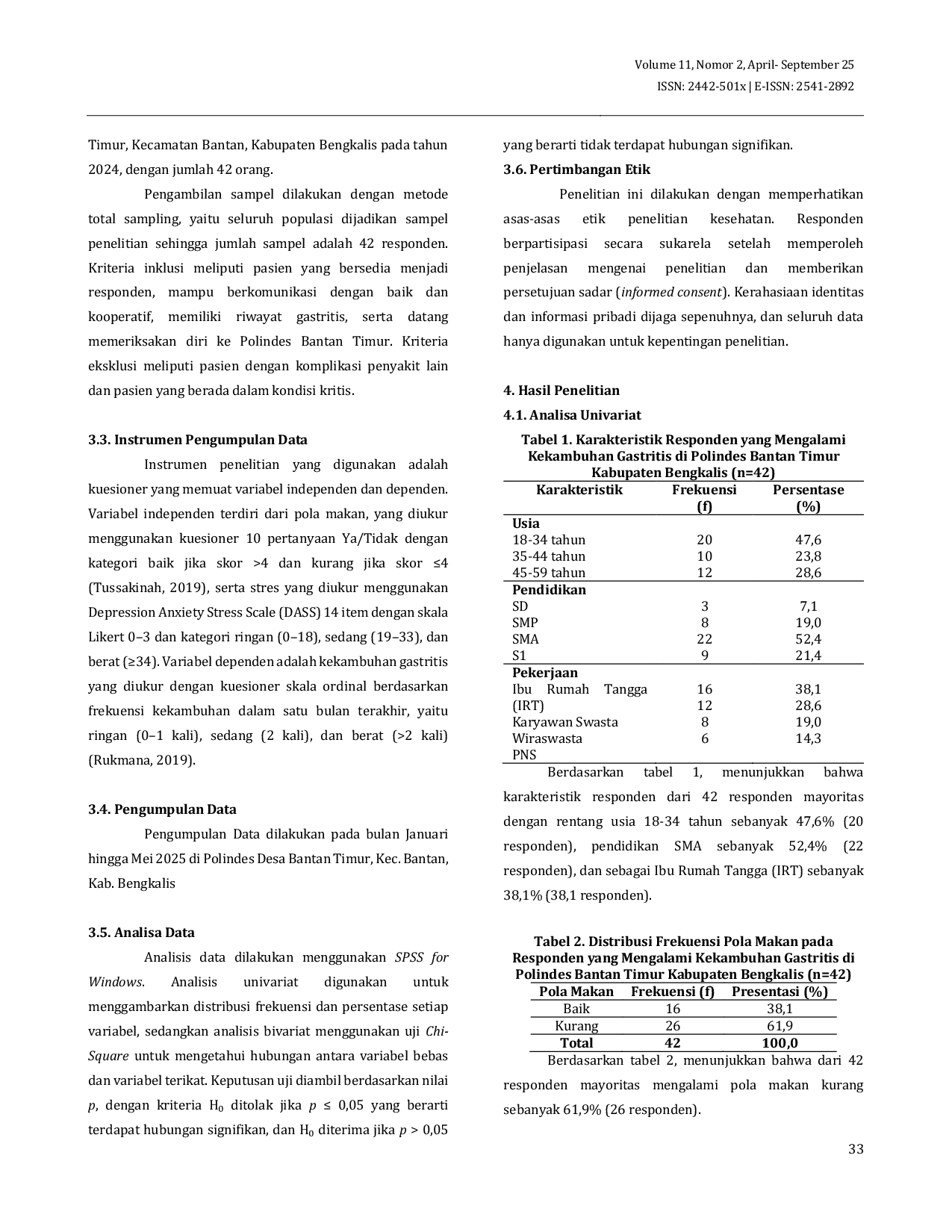 JURIS Hubungan Pola Makan Dan Stres Dengan Kekambuhan Gastritis Di Polindes Bantan Timur Kabupaten Bengkalis